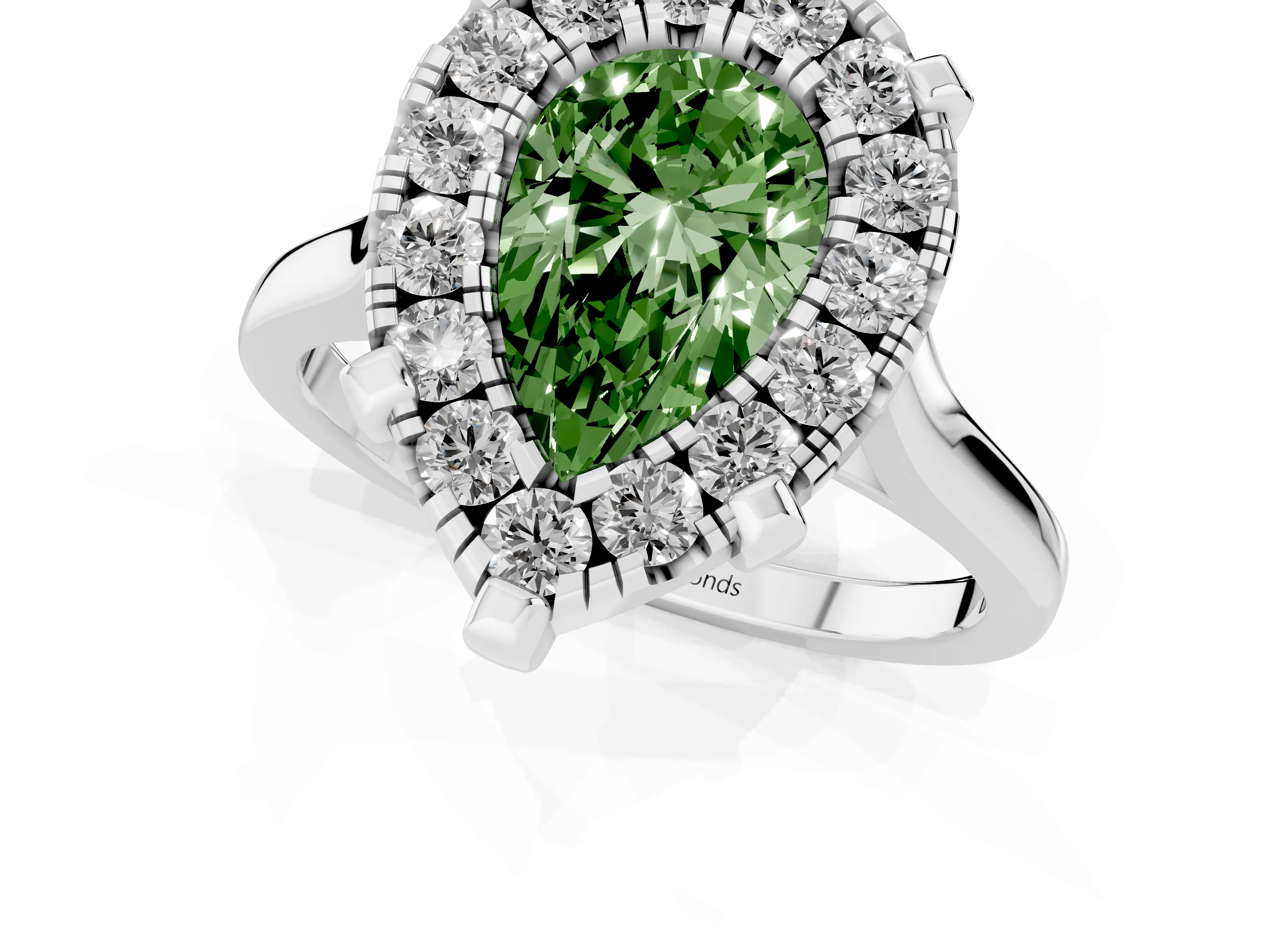 Fancy Green Pear Cut Diamond Cluster Halo Solitaire Ring Set in Silver with Prong Setting
