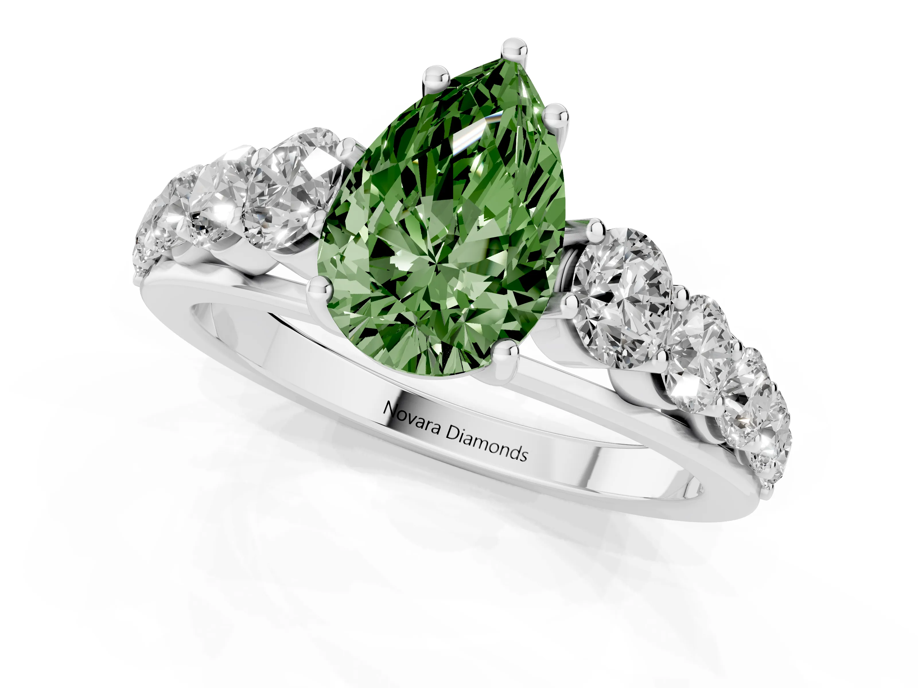Fancy Green Pear Cut Diamond Solitaire Ring Set in Silver with Pavé-Set Band and Prong Setting