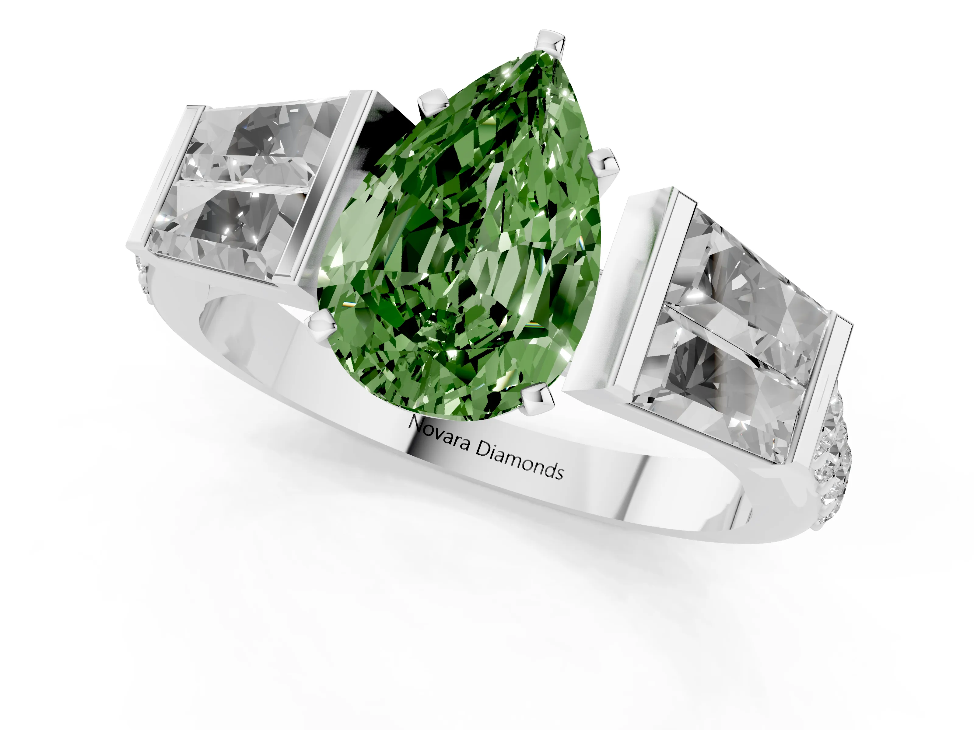 Fancy Green Pear Cut Diamond Engagement Ring Set in White gold with Baguette Side Stones and Channel Set Band