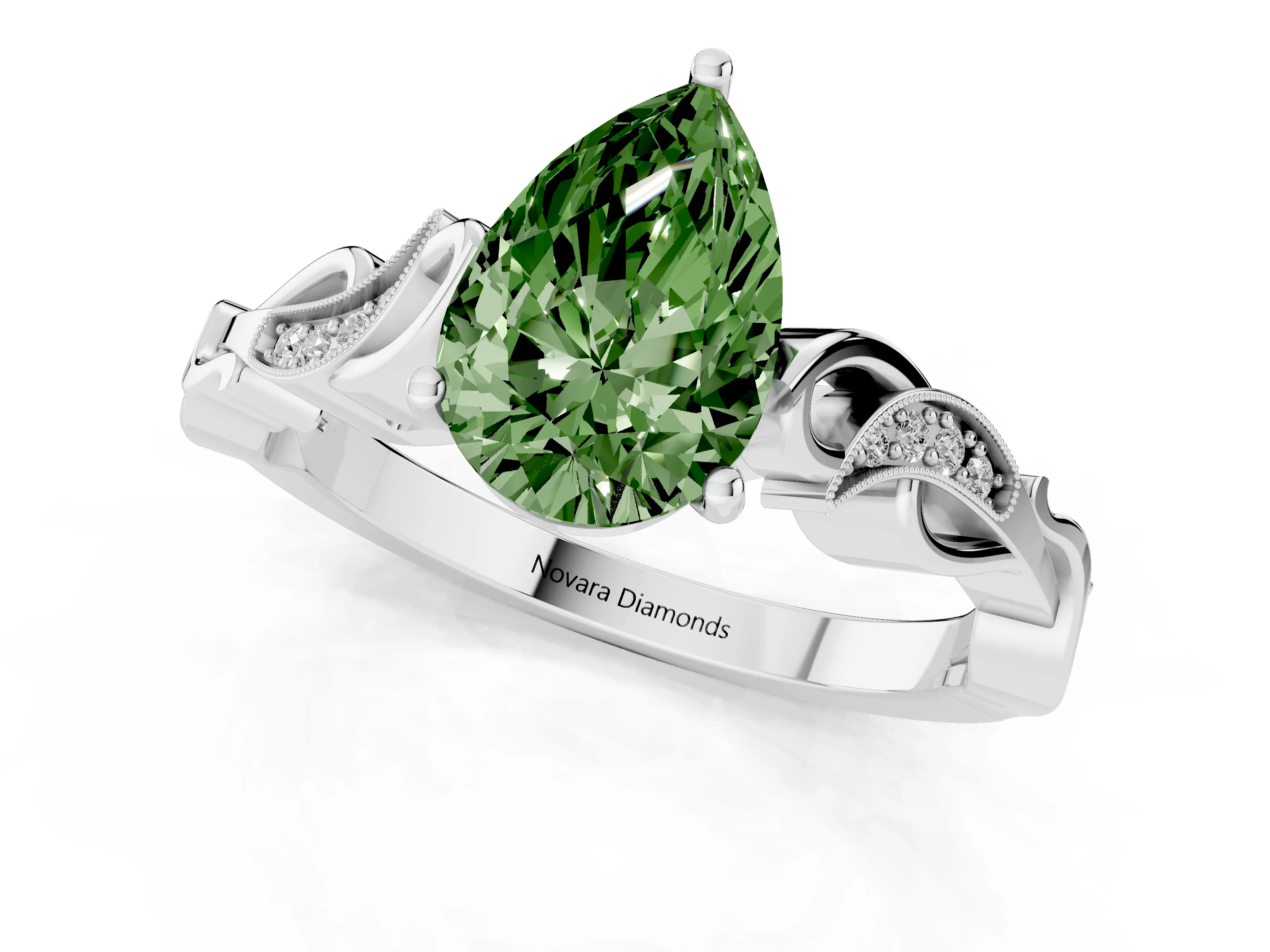 Fancy Green Pear Cut Diamond Vine Band Solitaire Ring Set in White gold with Milgrain Prong Setting