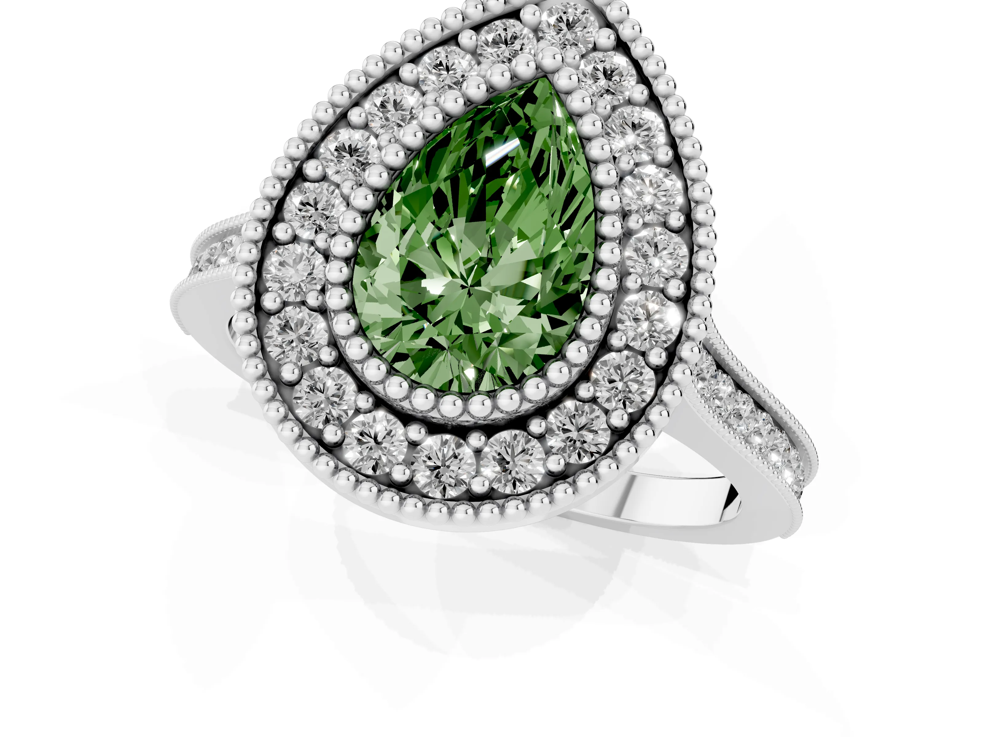 Fancy Green Pear Cut Diamond Halo Ring Set in Silver with Milgrain Frame and Pavé Band