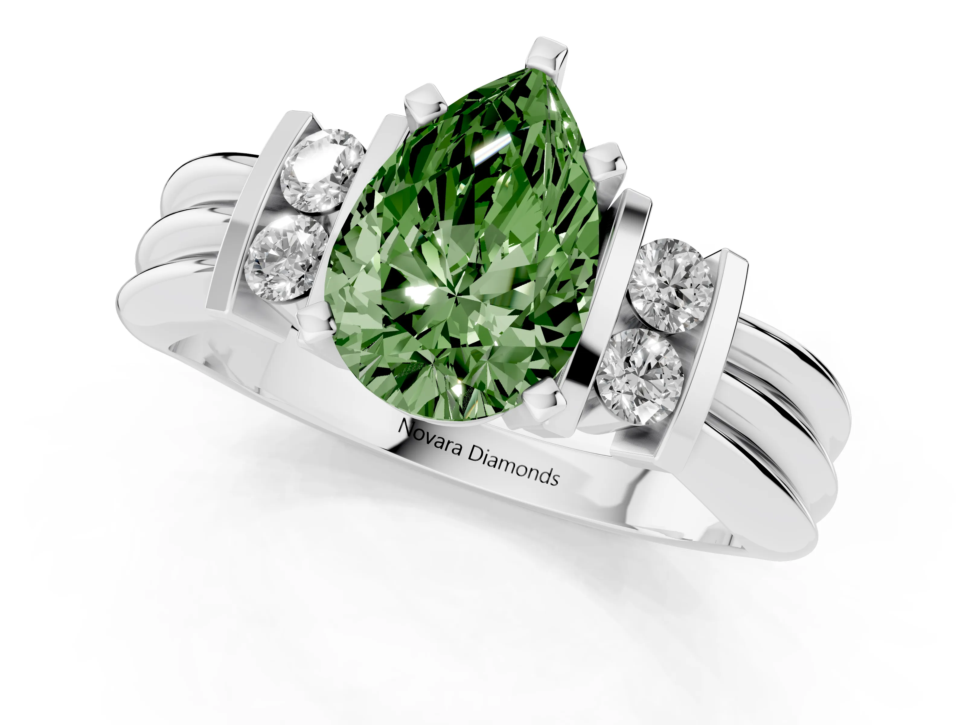 Fancy Green Three-Stone Pear Cut Diamond Channel Set Ring Set in Platinum with Bar Prongs