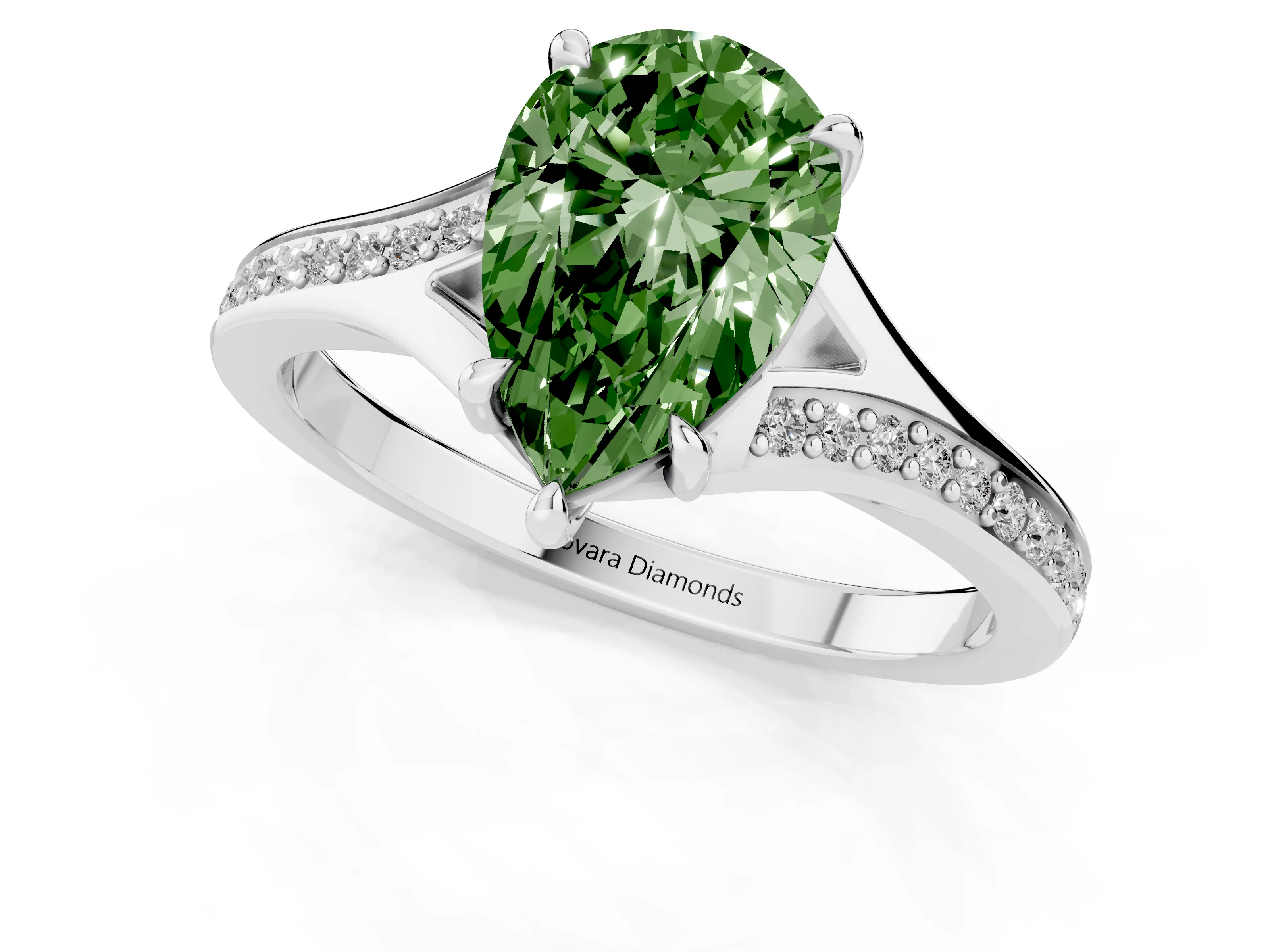 Fancy Green Pear Cut Diamond Solitaire Ring Set in White gold with Pavé Accent Band and Classic Prong Setting