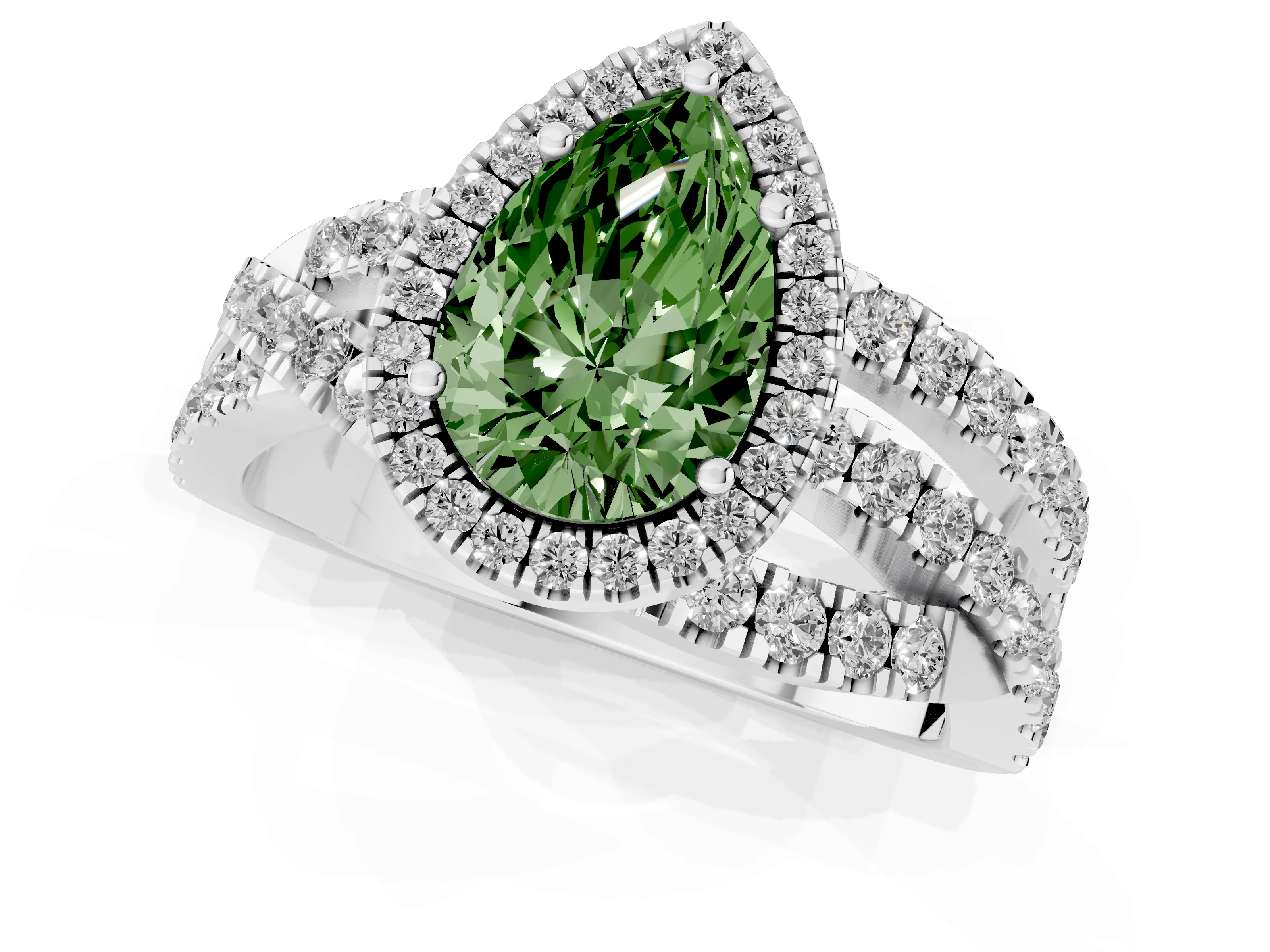 Fancy Green Pear Cut Diamond Halo Ring Set in Platinum with Round Crossover Split Shank and Prong Setting
