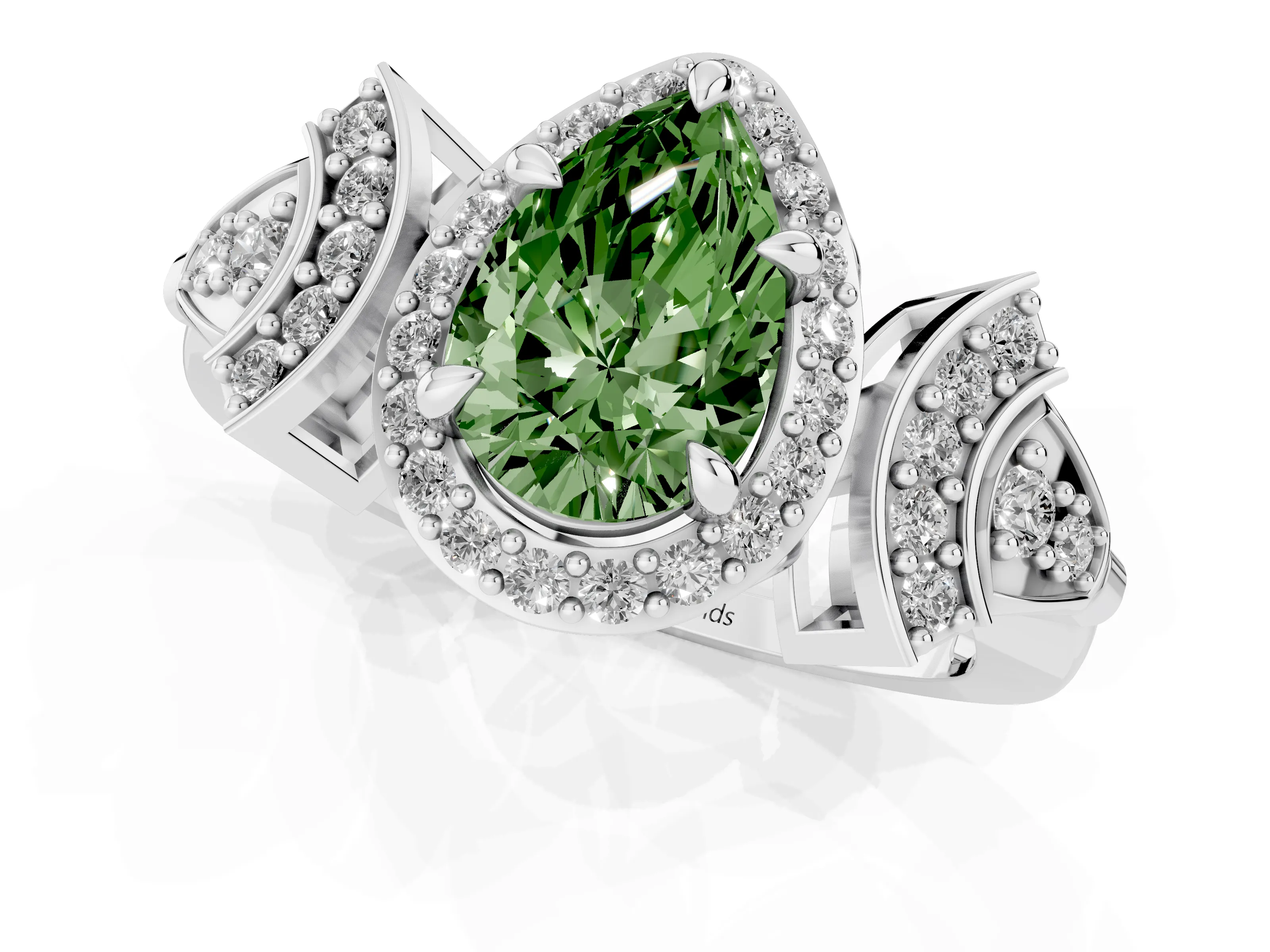Fancy Green Pear Cut Diamond Halo Engagement Ring Set in Silver with Accent Stone Split Shank