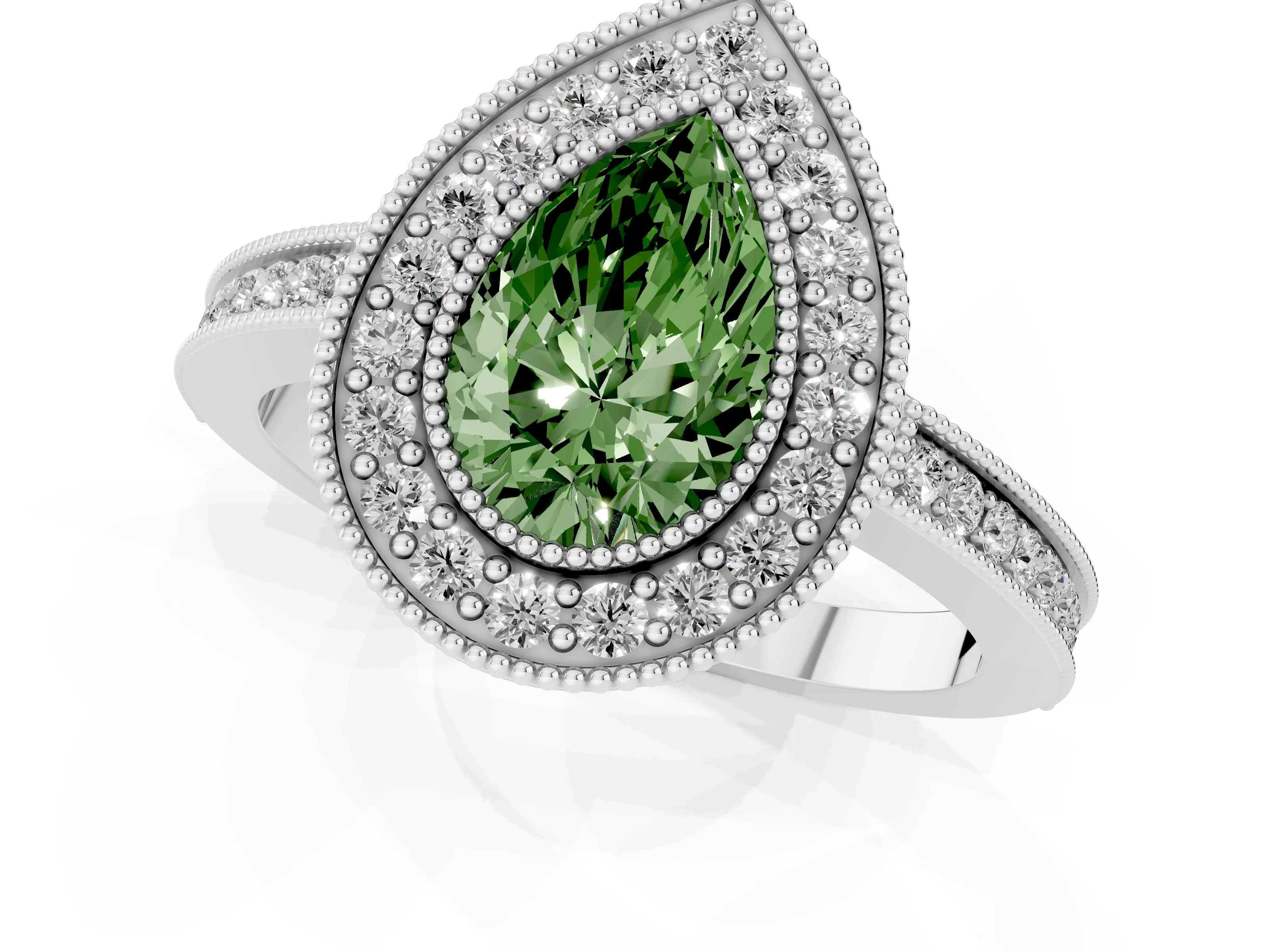 Fancy Green Pear Cut Diamond Halo Ring Set in Platinum with Pavé Band and Milgrain-Edged Prongs