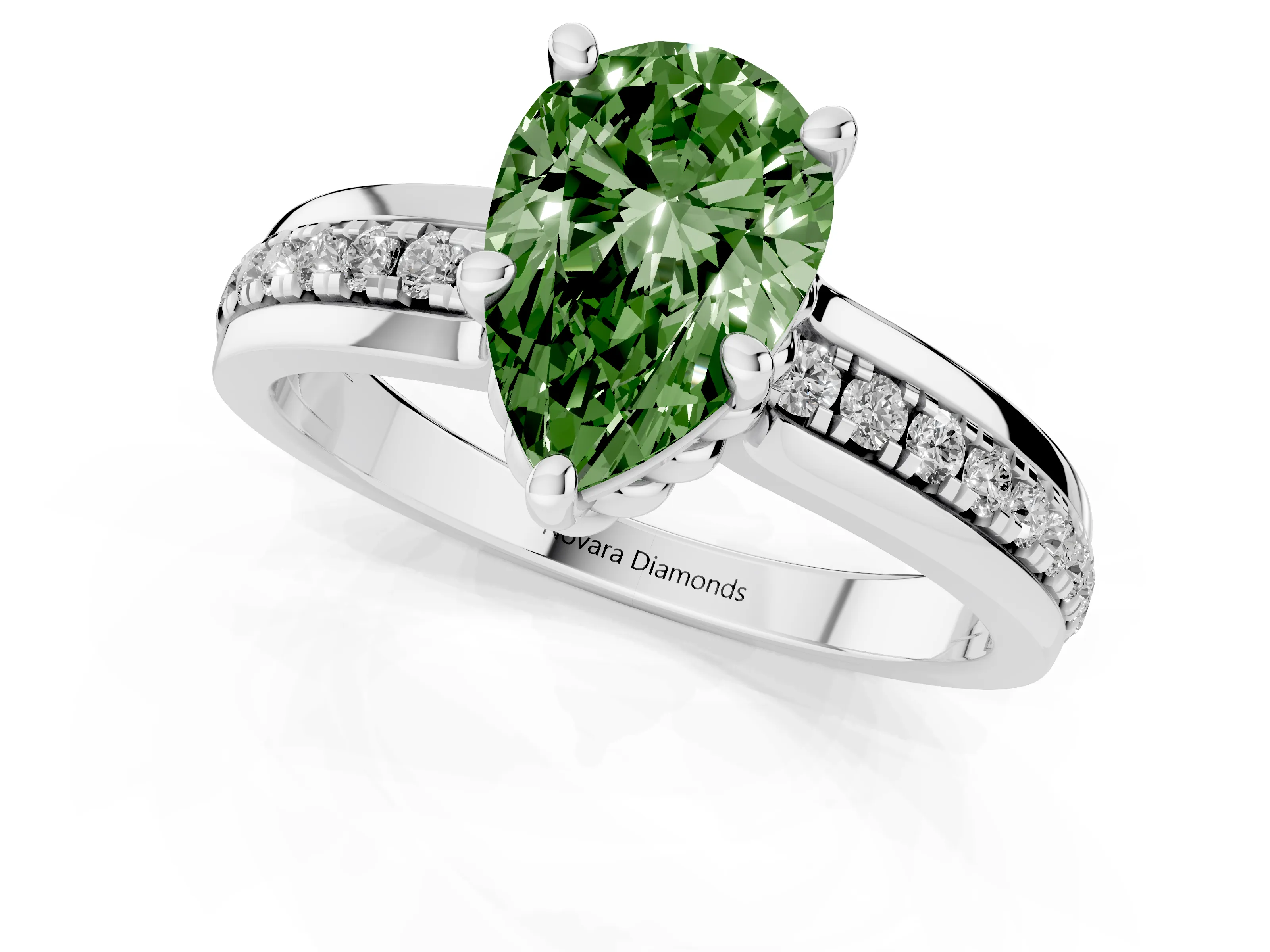 Fancy Green Pear Cut Diamond Solitaire Ring Set in Silver with Channel Set Band and Prong Setting