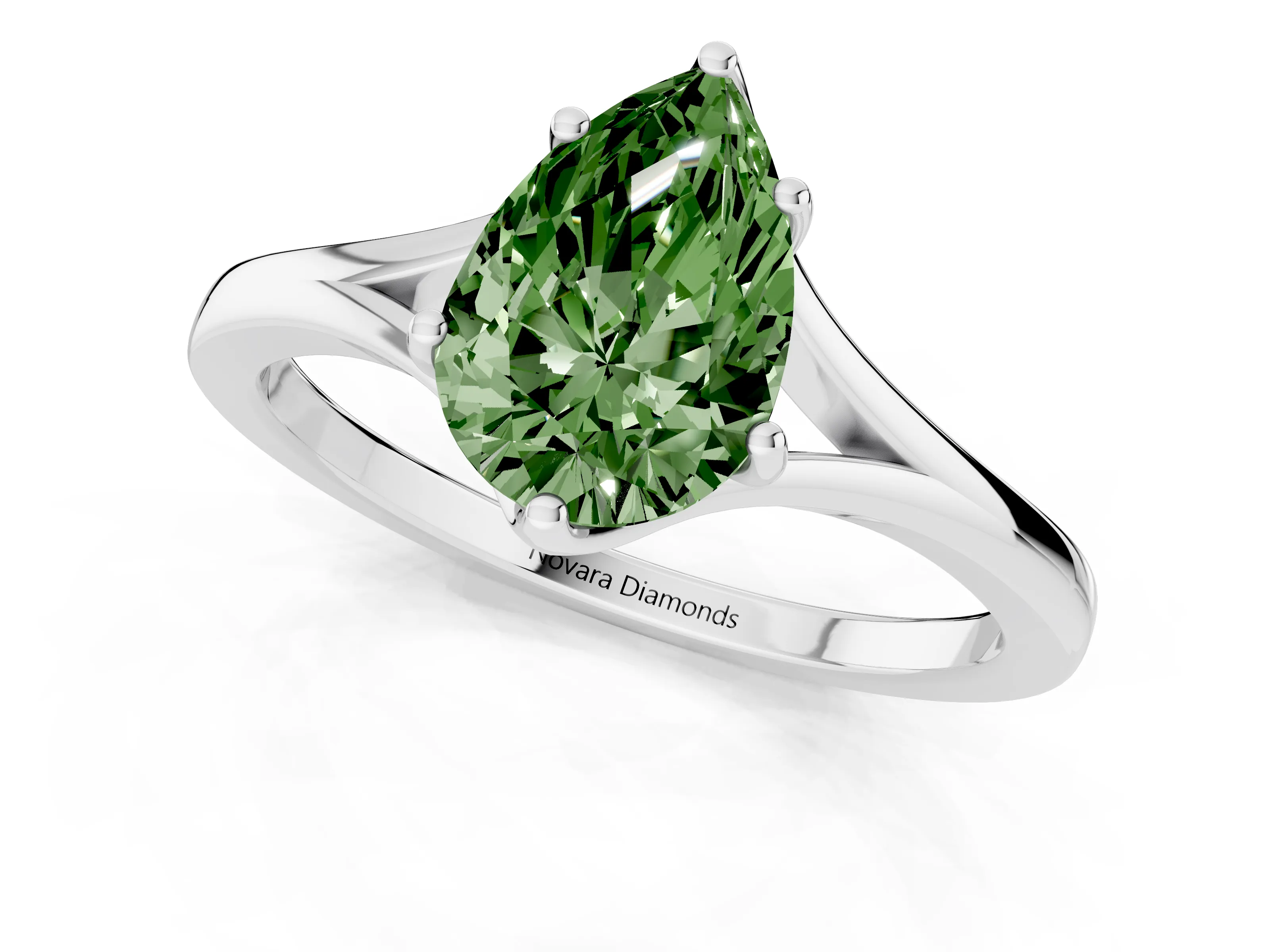 Fancy Green Pear Cut Diamond Solitaire Ring Set in Silver with Polished Tapered Band and Prong Setting