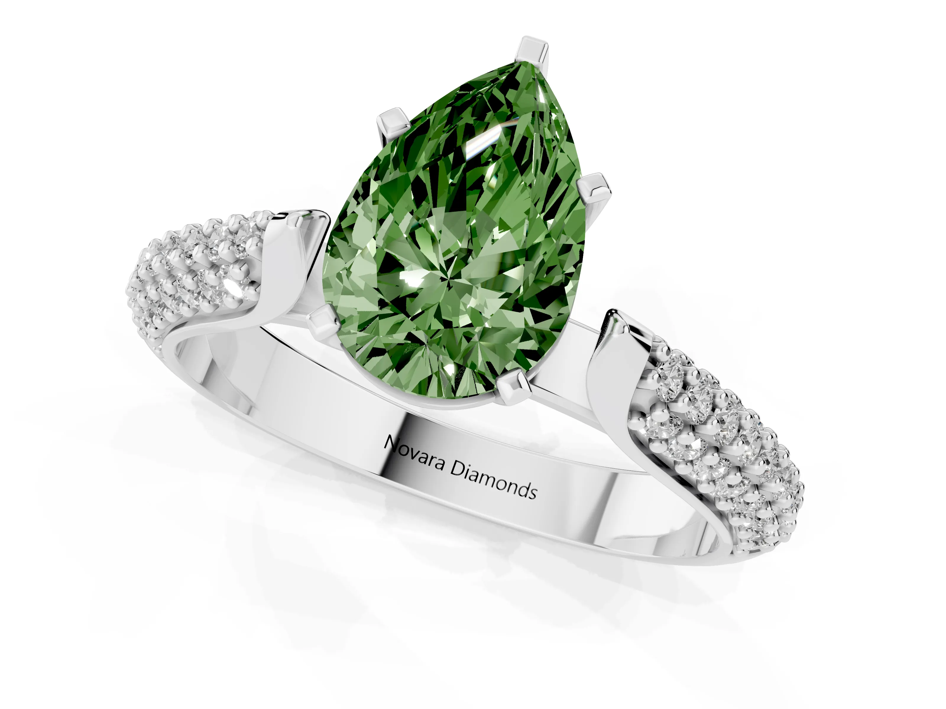 Fancy Green Pear Cut Diamond Solitaire Engagement Ring Set in White gold with Multi-Row Round Pavé Band and Prong Setting
