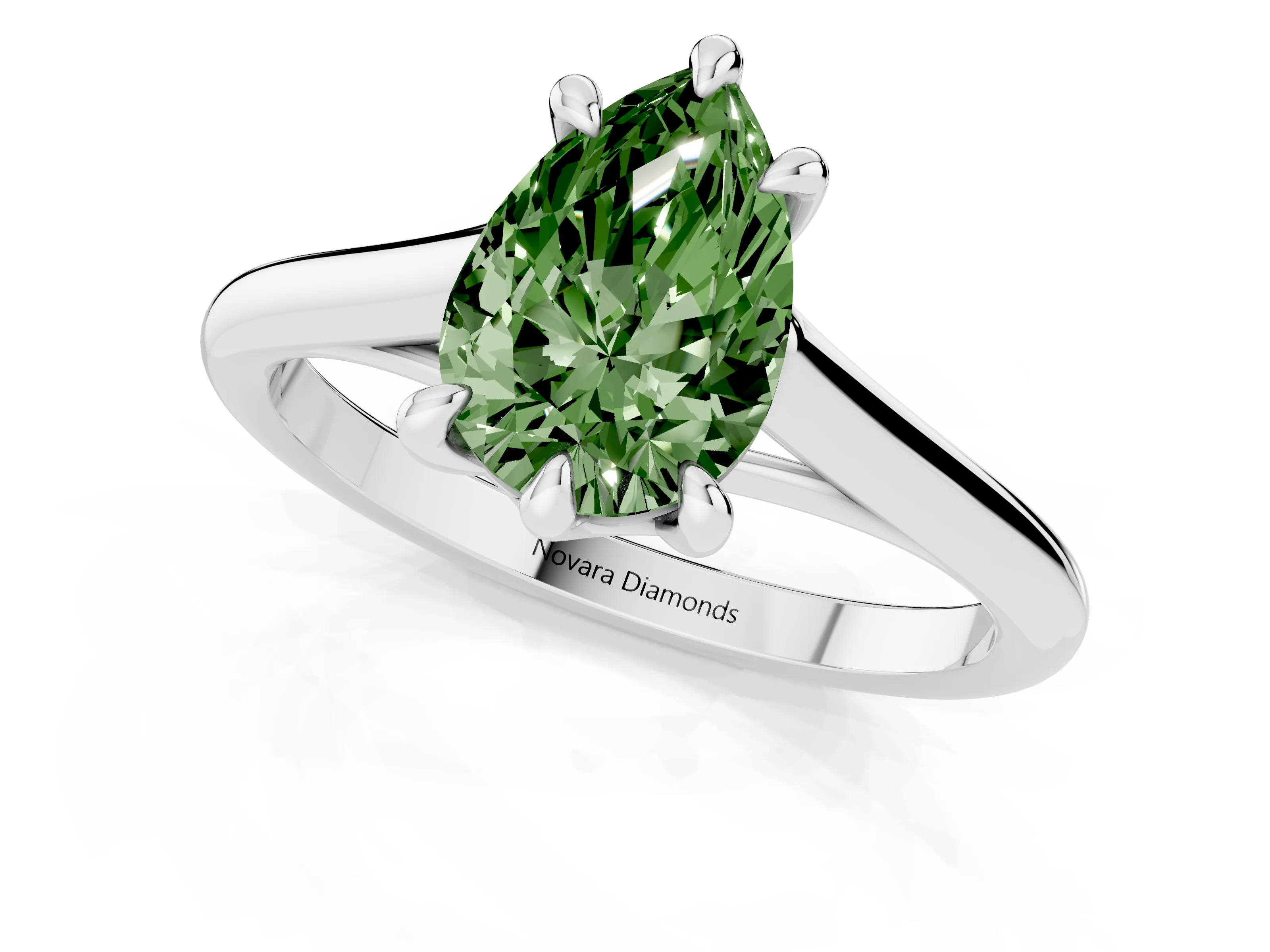 Fancy Green Pear Cut Diamond Solitaire Engagement Ring Set in Silver with Prong Setting and Plain Classic Band