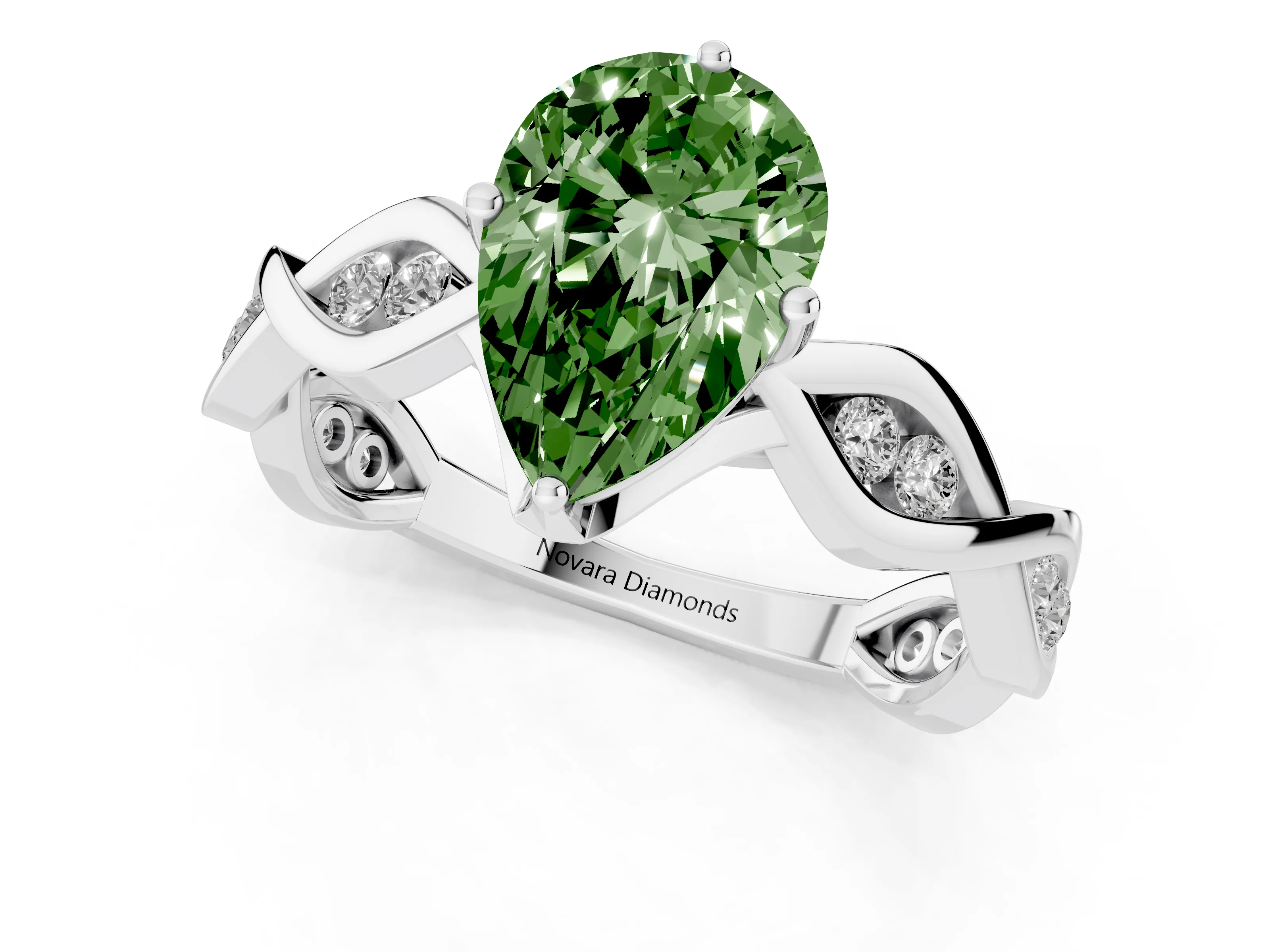 Fancy Green Pear Cut Diamond Twist Band Solitaire Ring Set in Platinum with Leaf Prong Setting and Accent Stones