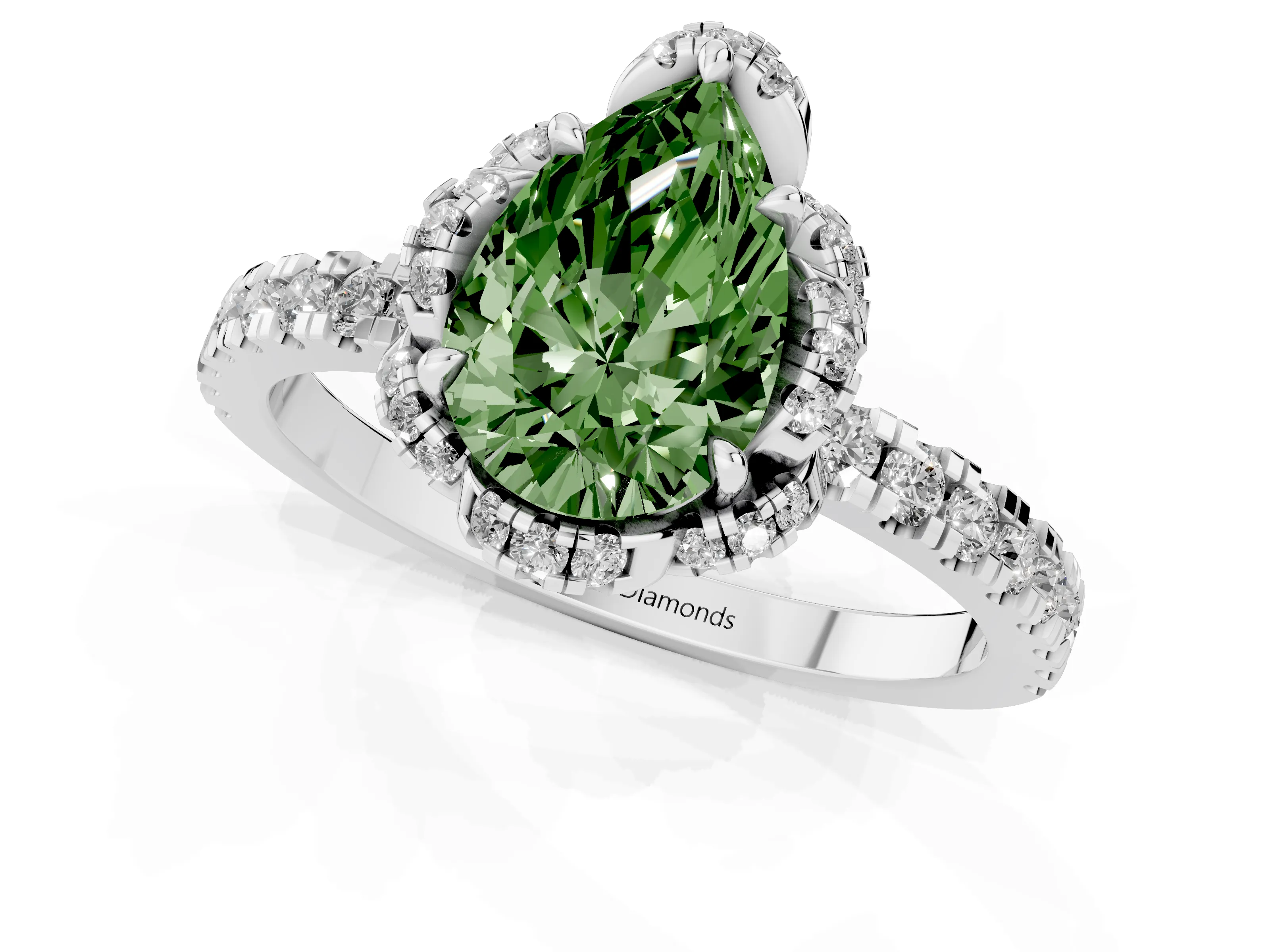 Fancy Green Pear Cut Diamond Halo Pavé Band Ring Set in Platinum with Prong-Held Center
