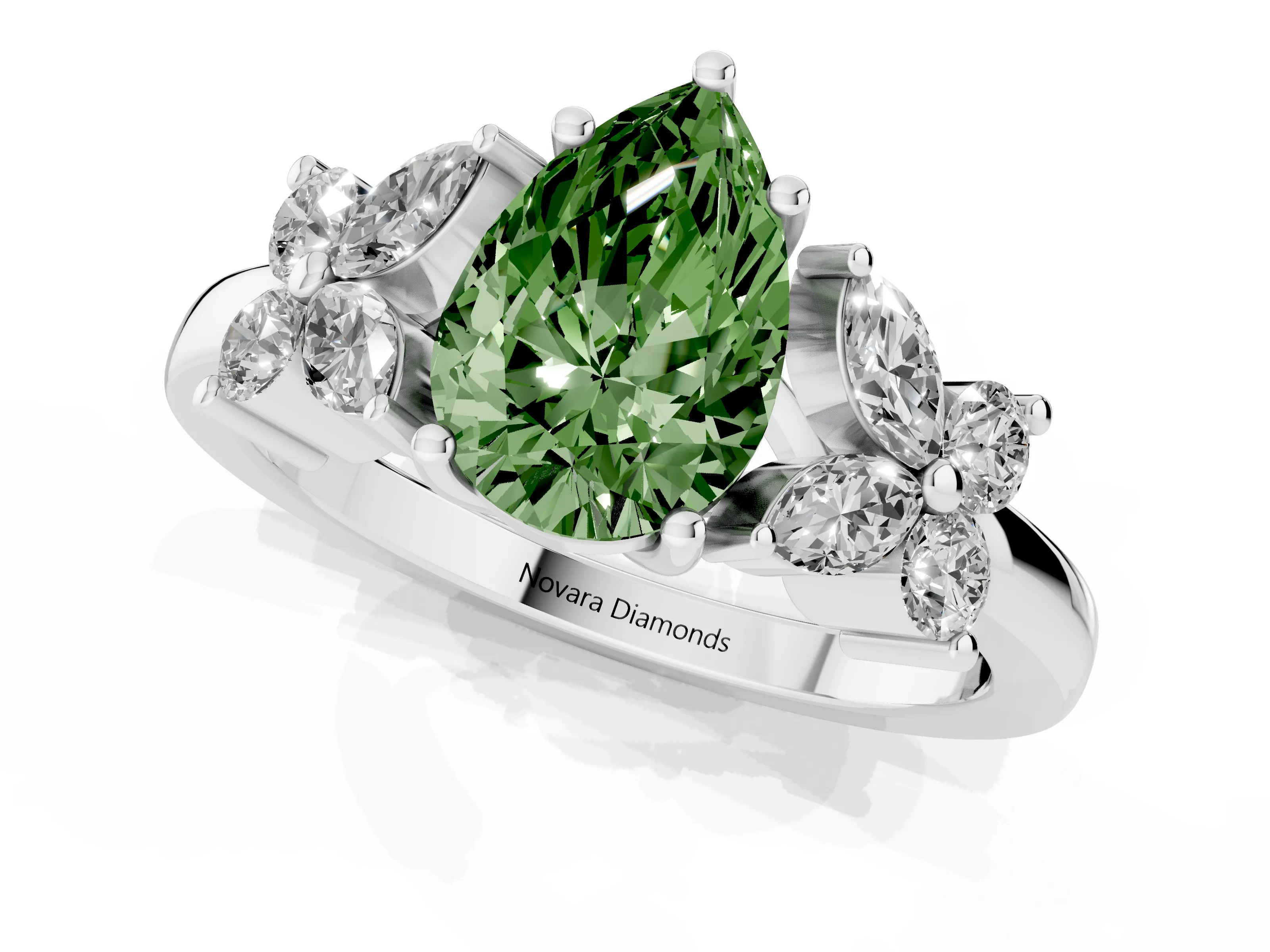 Fancy Green Pear Cut Diamond Floral Cluster Ring Set in Silver with Marquise Petals and Prong Setting