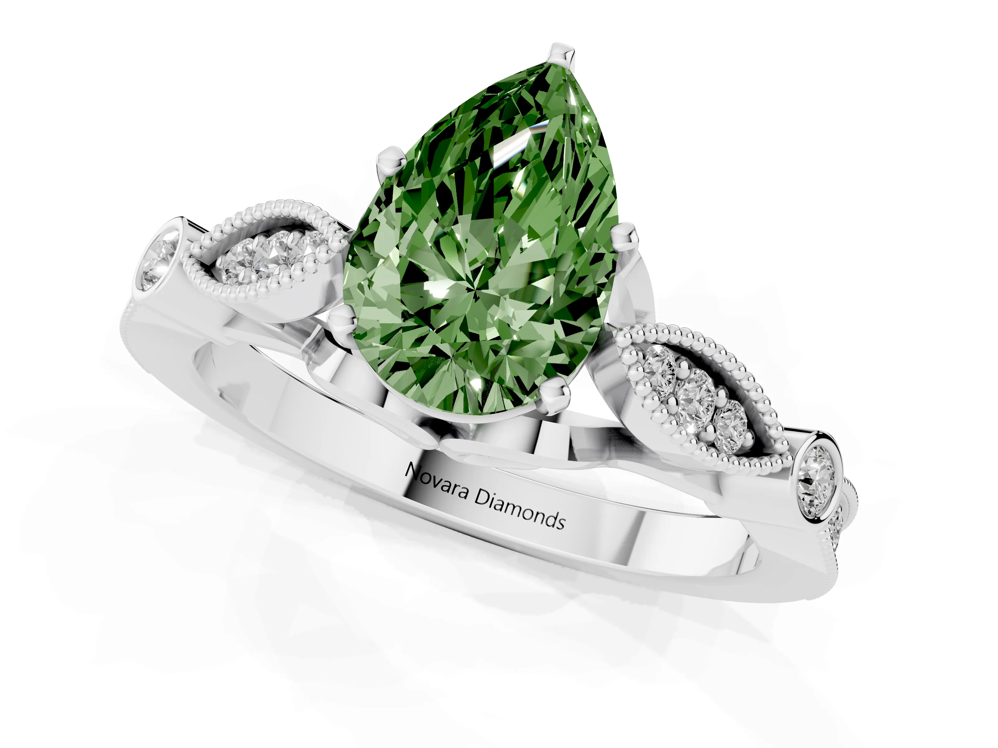 Fancy Green Pear Cut Diamond Solitaire Ring Set in White gold with Milgrain Marquise and Bezel Accents