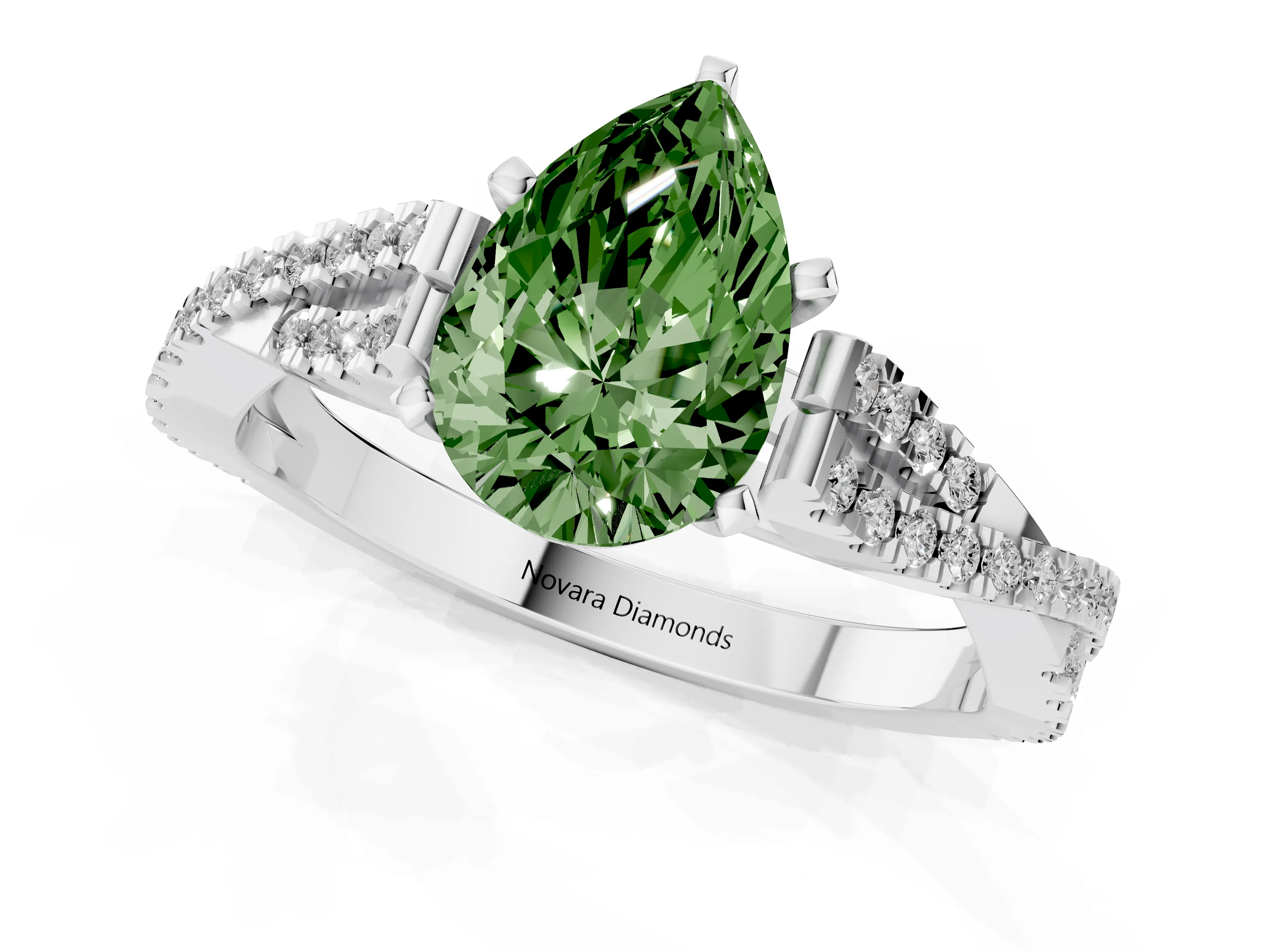 Fancy Green Pear Cut Diamond Solitaire Engagement Ring Set in White gold with Twisted Pavé Band and Prong Setting