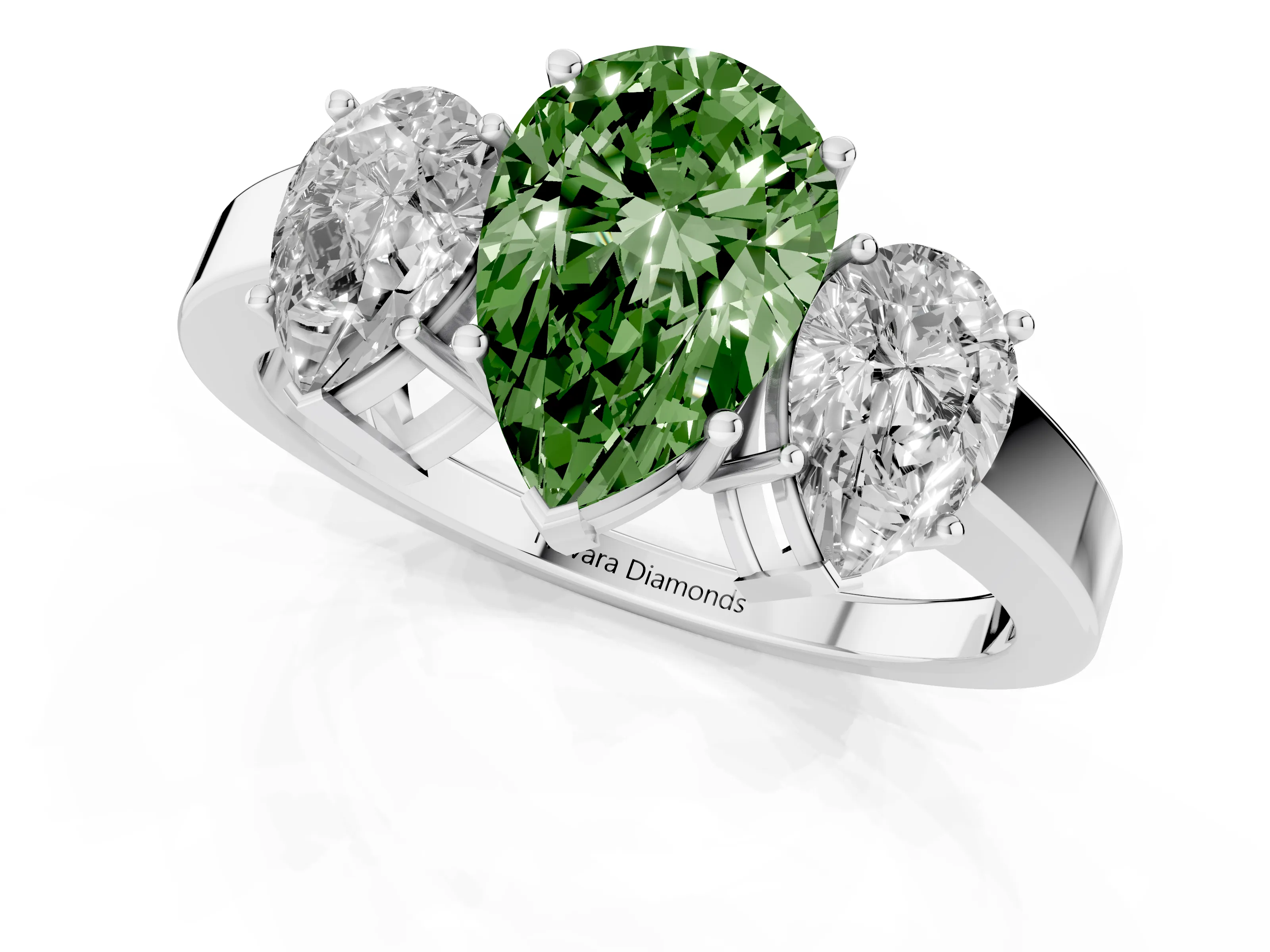 Fancy Green Pear Cut Diamond Three-Stone Engagement Ring Set in White gold with Flat Band