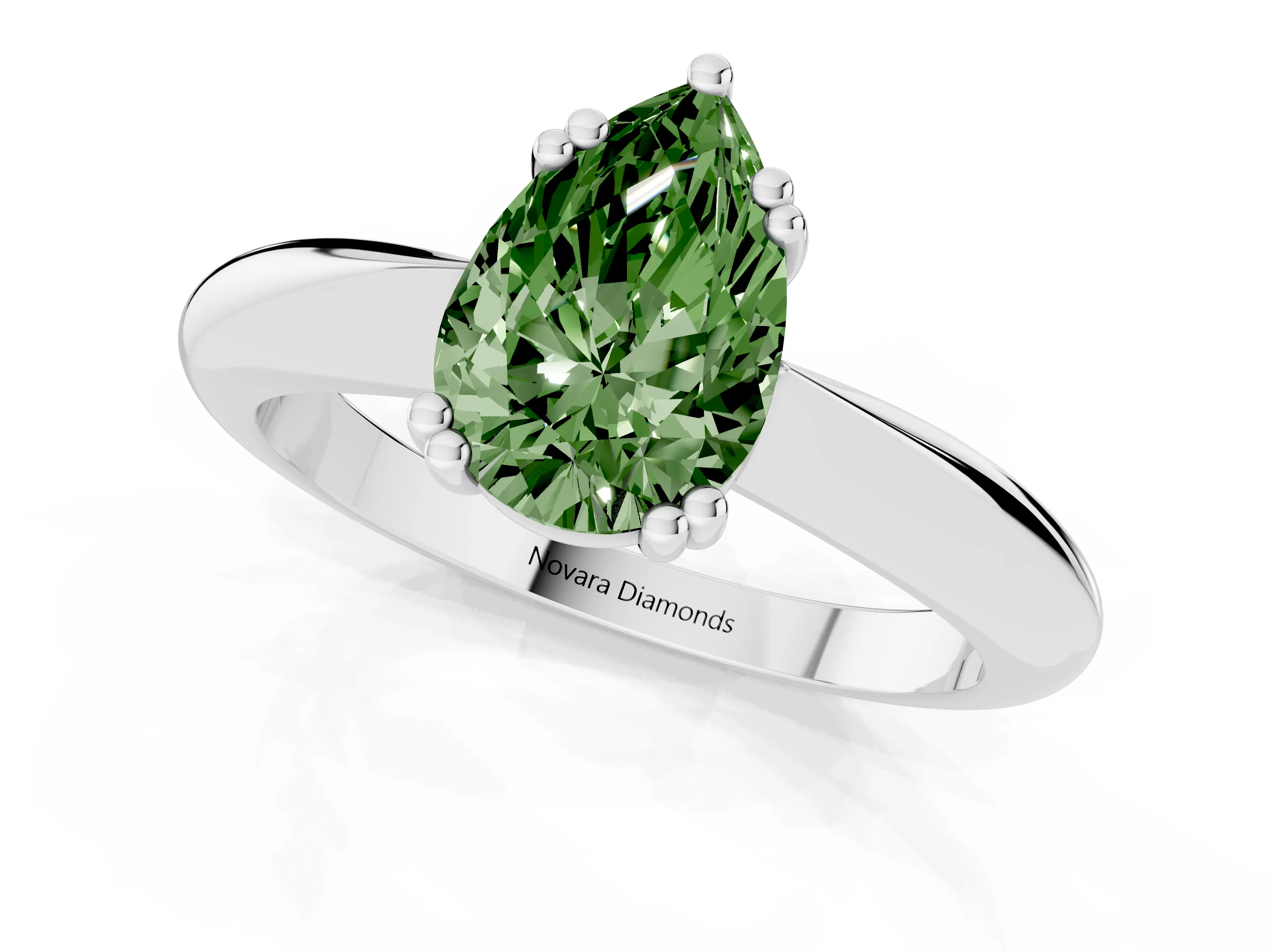 Fancy Green Pear Cut Diamond Solitaire Engagement Ring Set in White gold with Tapered Band and Prong Setting