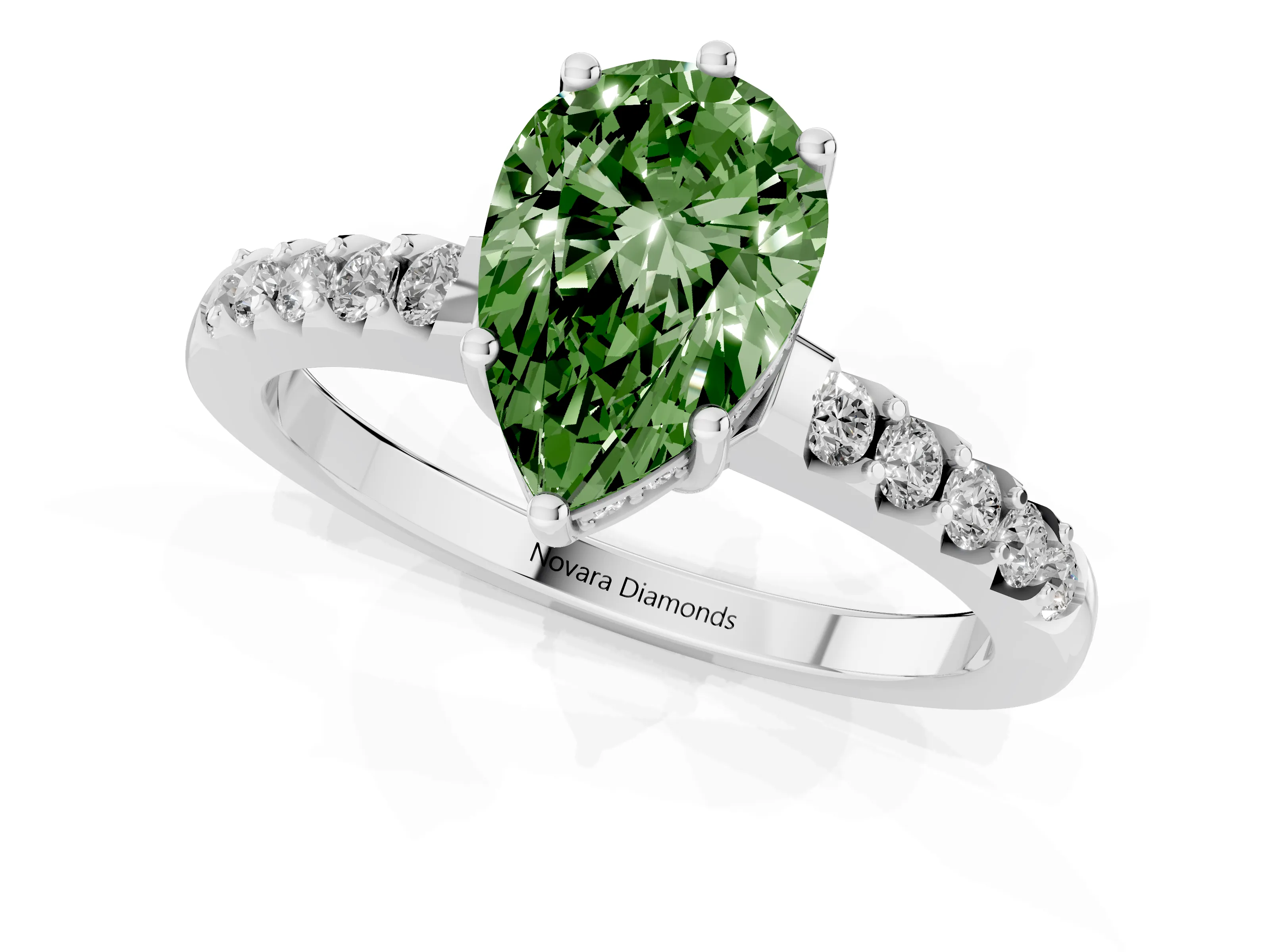Fancy Green Pear Cut Diamond Solitaire Engagement Ring Set in Platinum with Pavé Band and Prong Setting