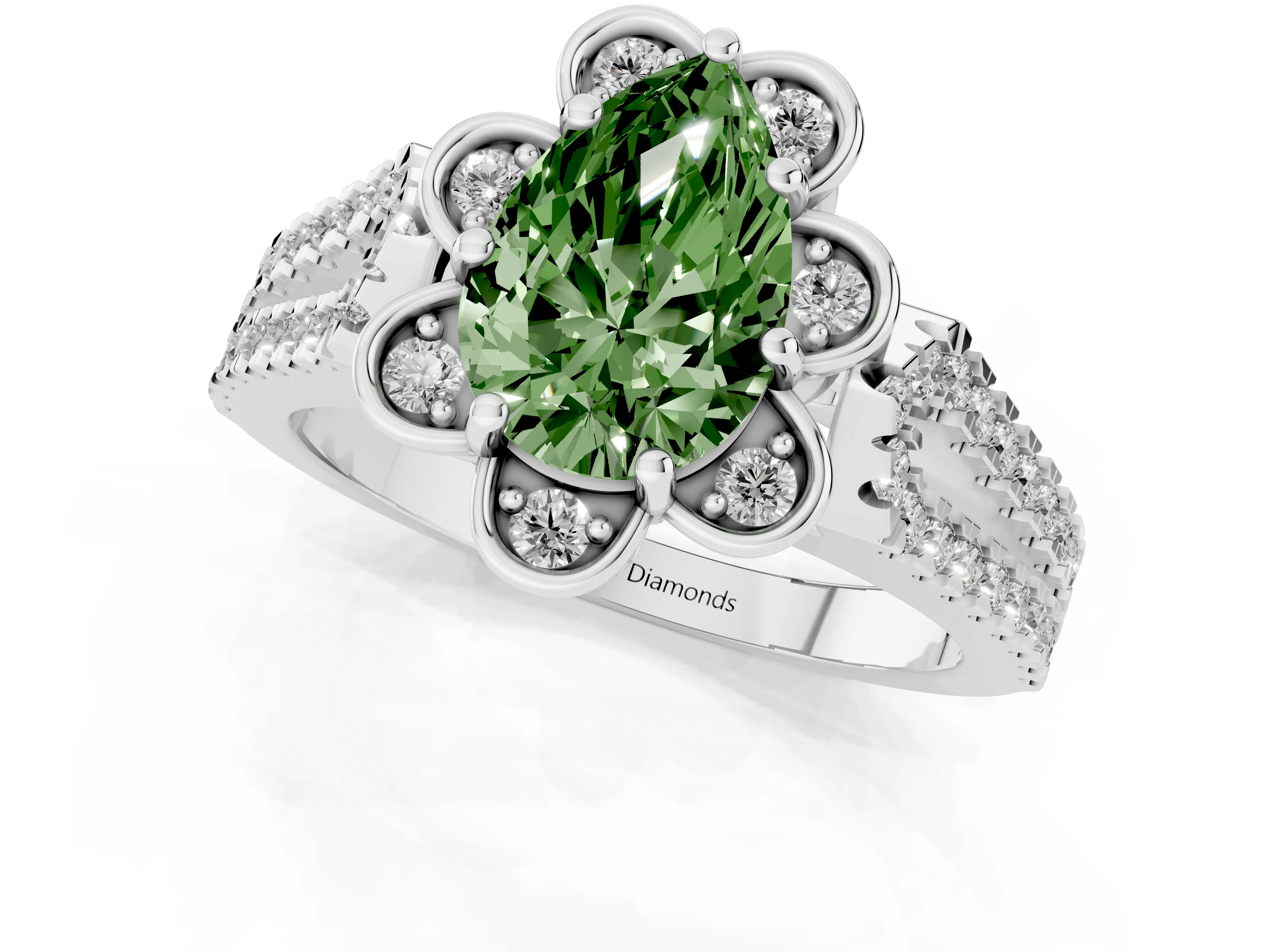 Fancy Green Pear Cut Diamond Floral Halo Split Shank Engagement Ring Set in Platinum with Pavé Shank