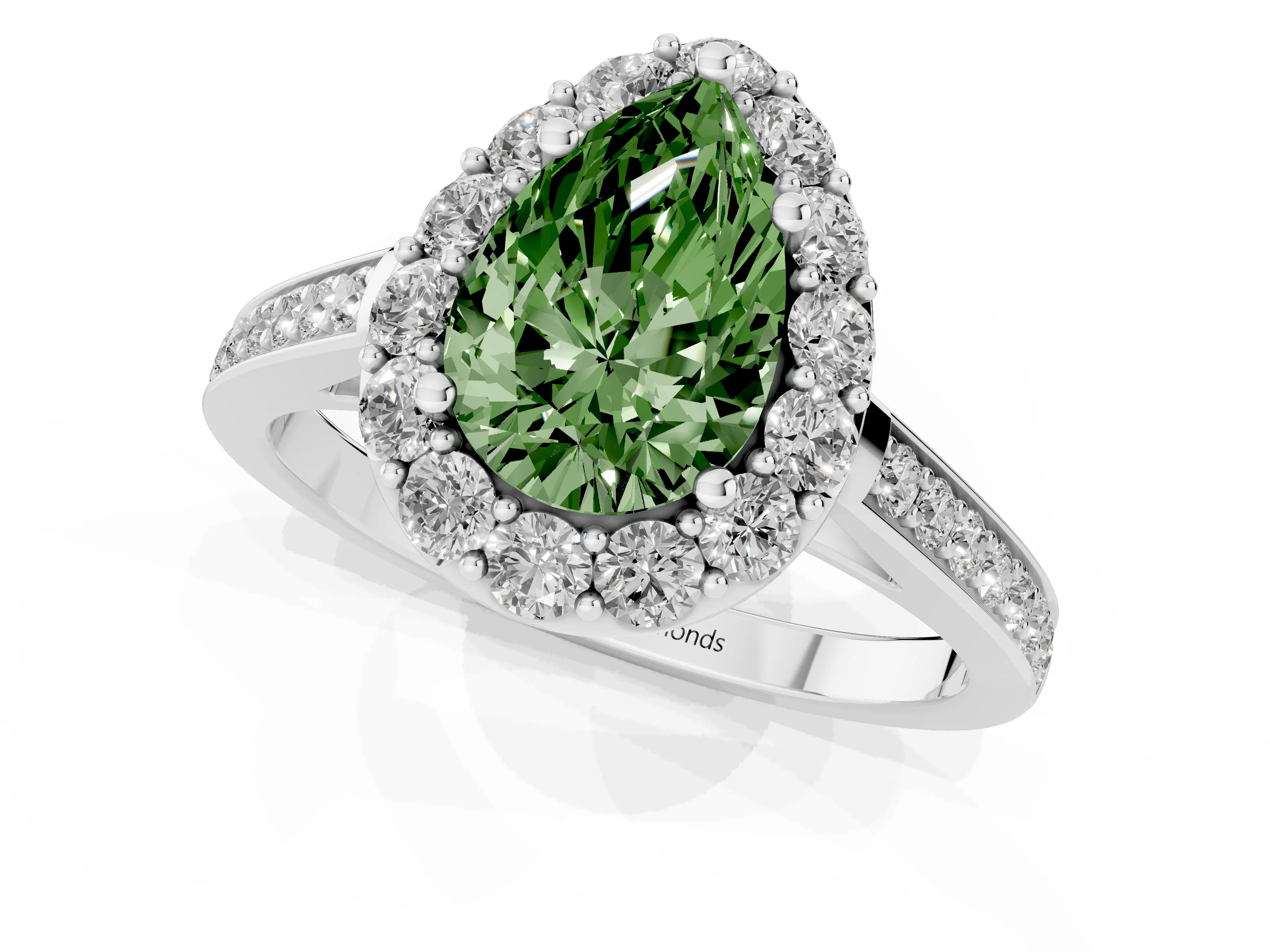 Fancy Green Pear Cut Diamond Floral Halo Ring Set in White gold with Pavé Band and Prong Setting