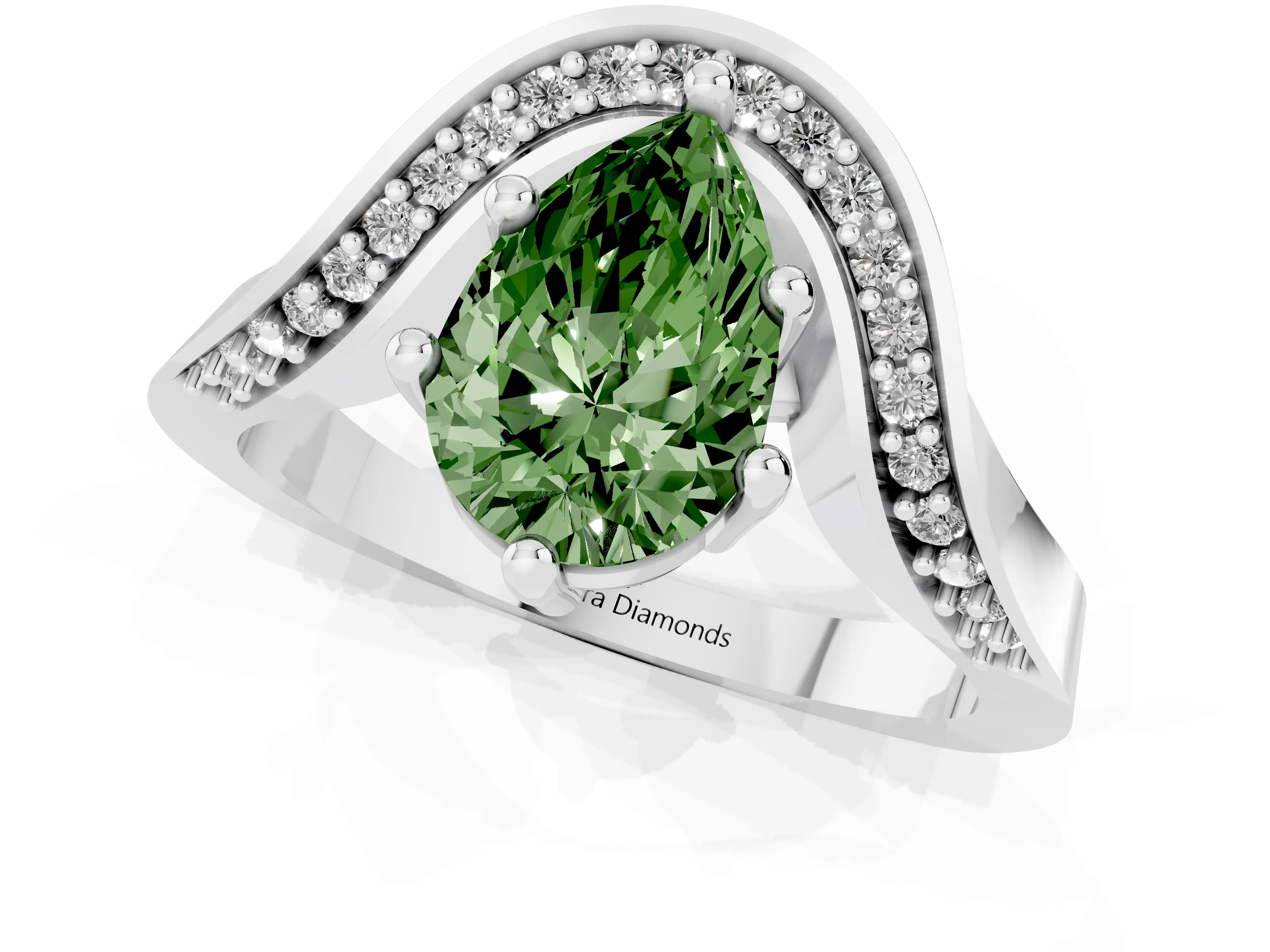 Fancy Green Pear Cut Diamond Solitaire Engagement Ring Set in Silver with Pavé Shoulders