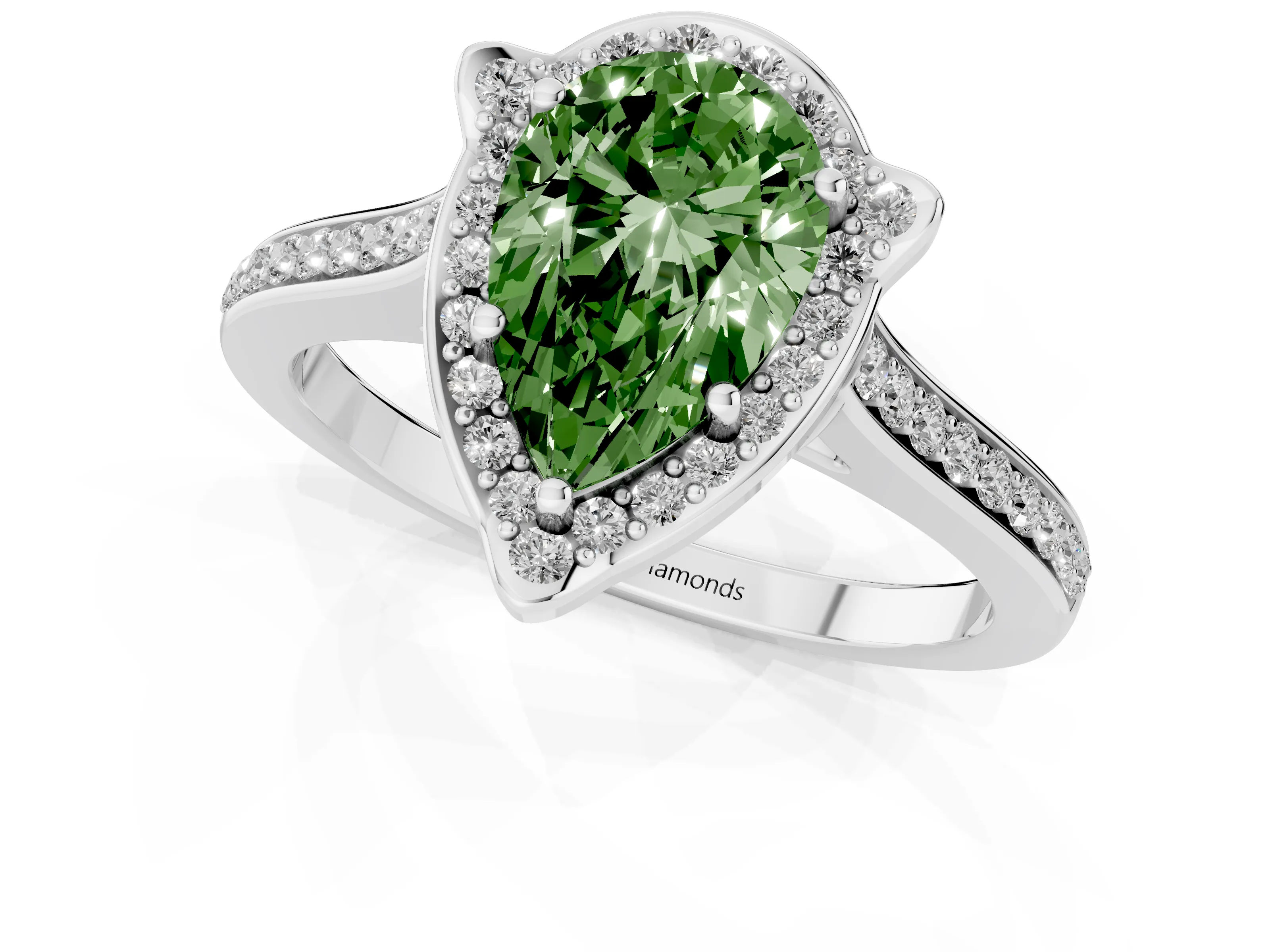 Fancy Green Pear Cut Diamond Halo Ring Set in White gold with Pavé-Lined Shoulders and Prong Setting