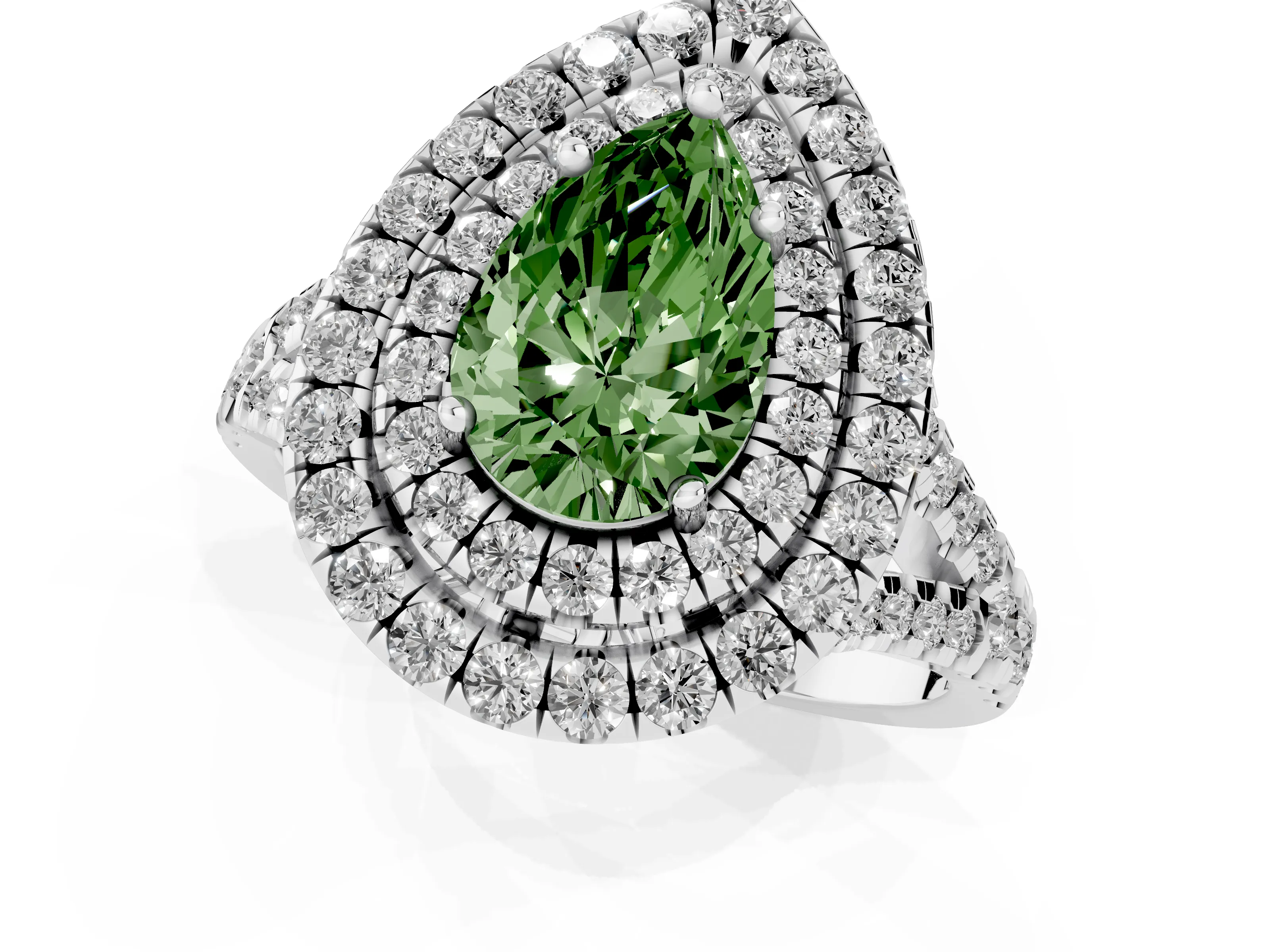 Fancy Green Pear Cut Diamond Double Halo Ring Set in Silver with Pavé Split Shank and Prong Setting