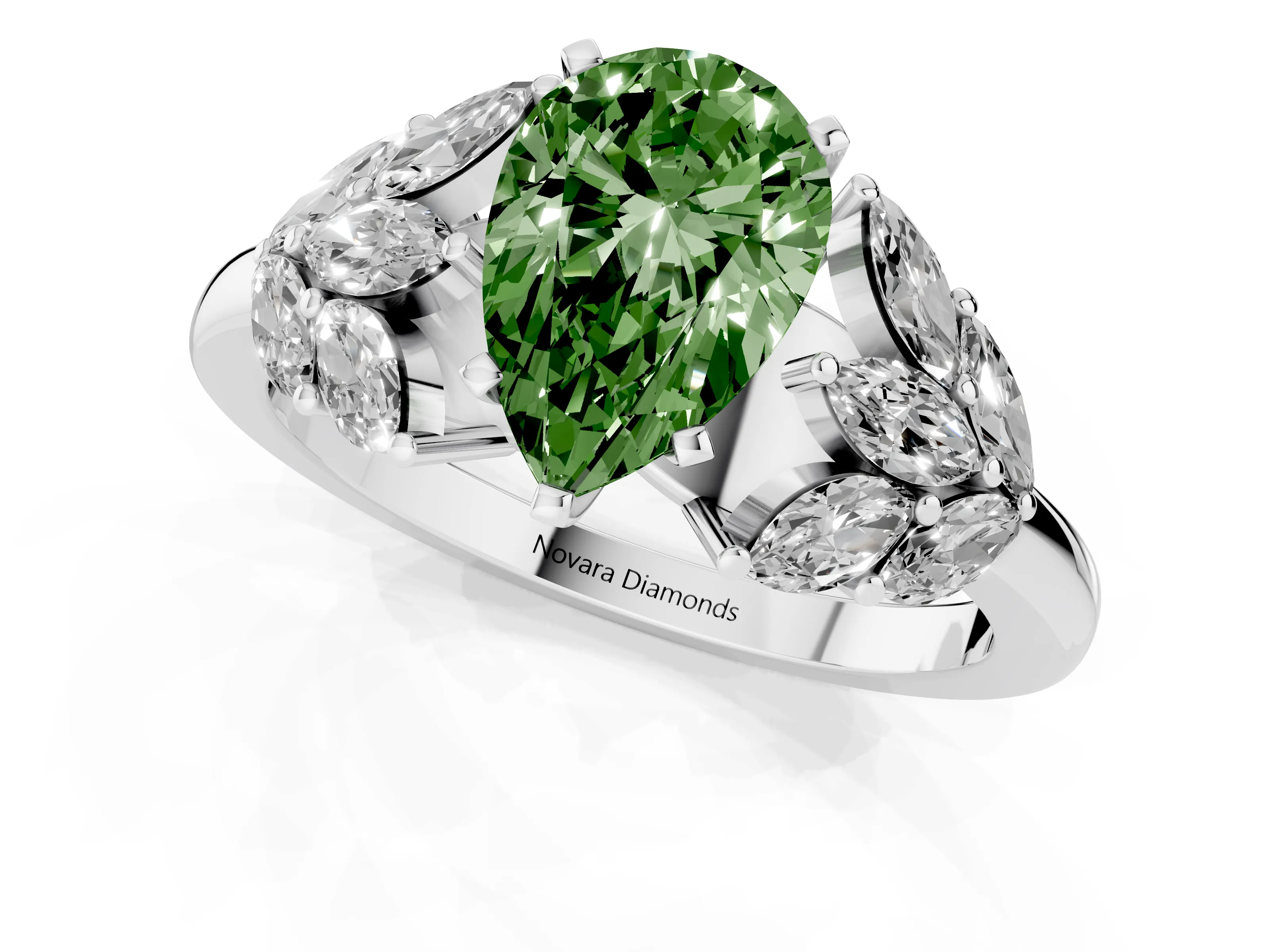 Fancy Green Pear Cut Diamond Cluster Leaf Design Ring Set in Silver with Prong Setting
