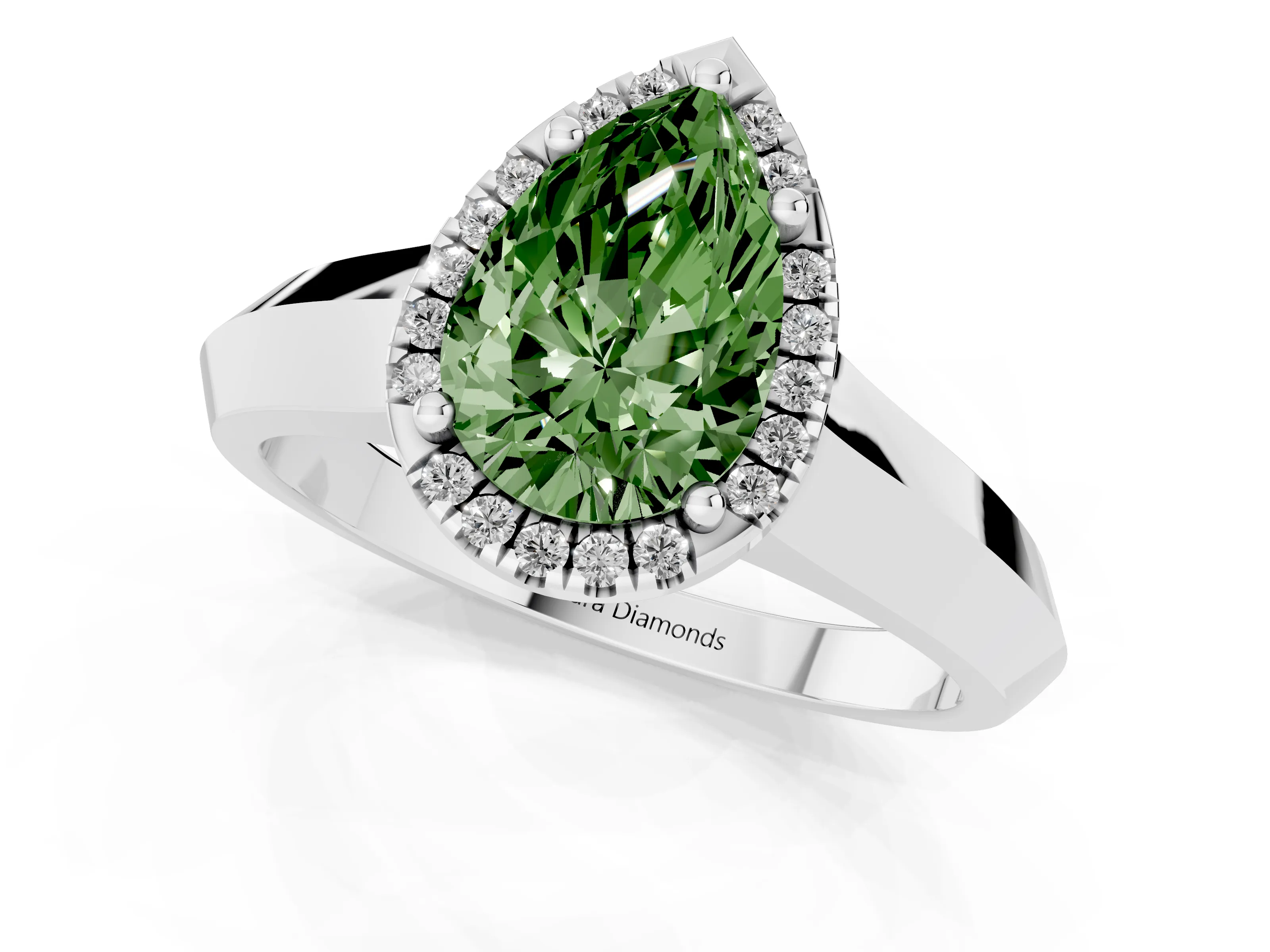 Fancy Green Pear Cut Diamond Halo Ring Set in Platinum with Cathedral Band and Prong Setting