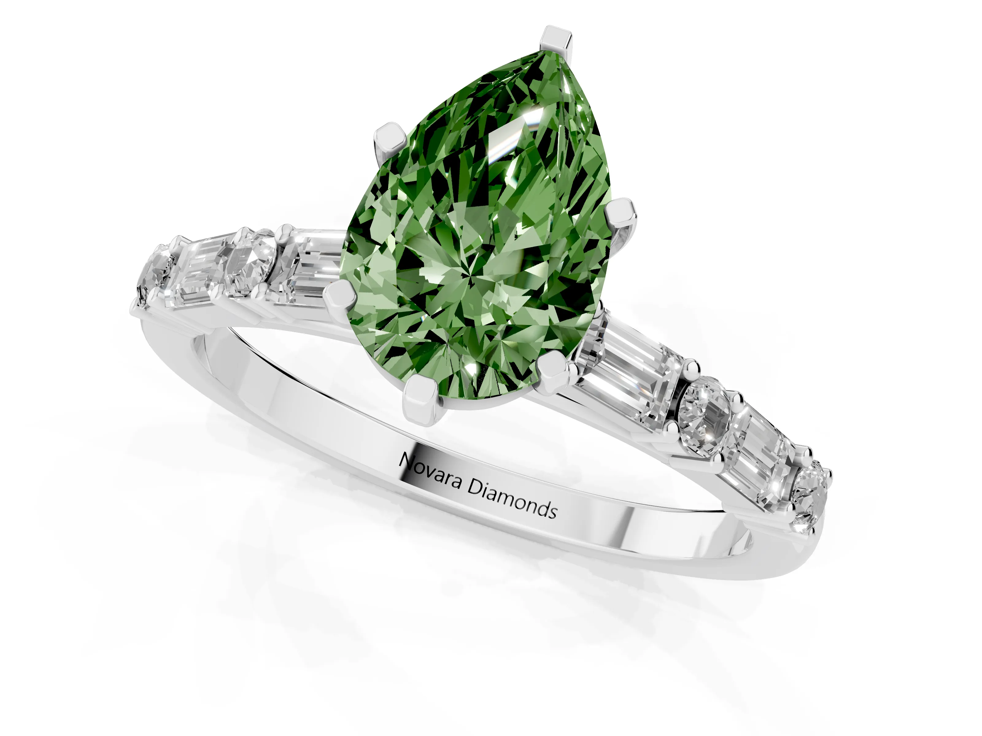Fancy Green Pear Cut Diamond Solitaire Set in Platinum with Side Baguettes and Channel Set Band