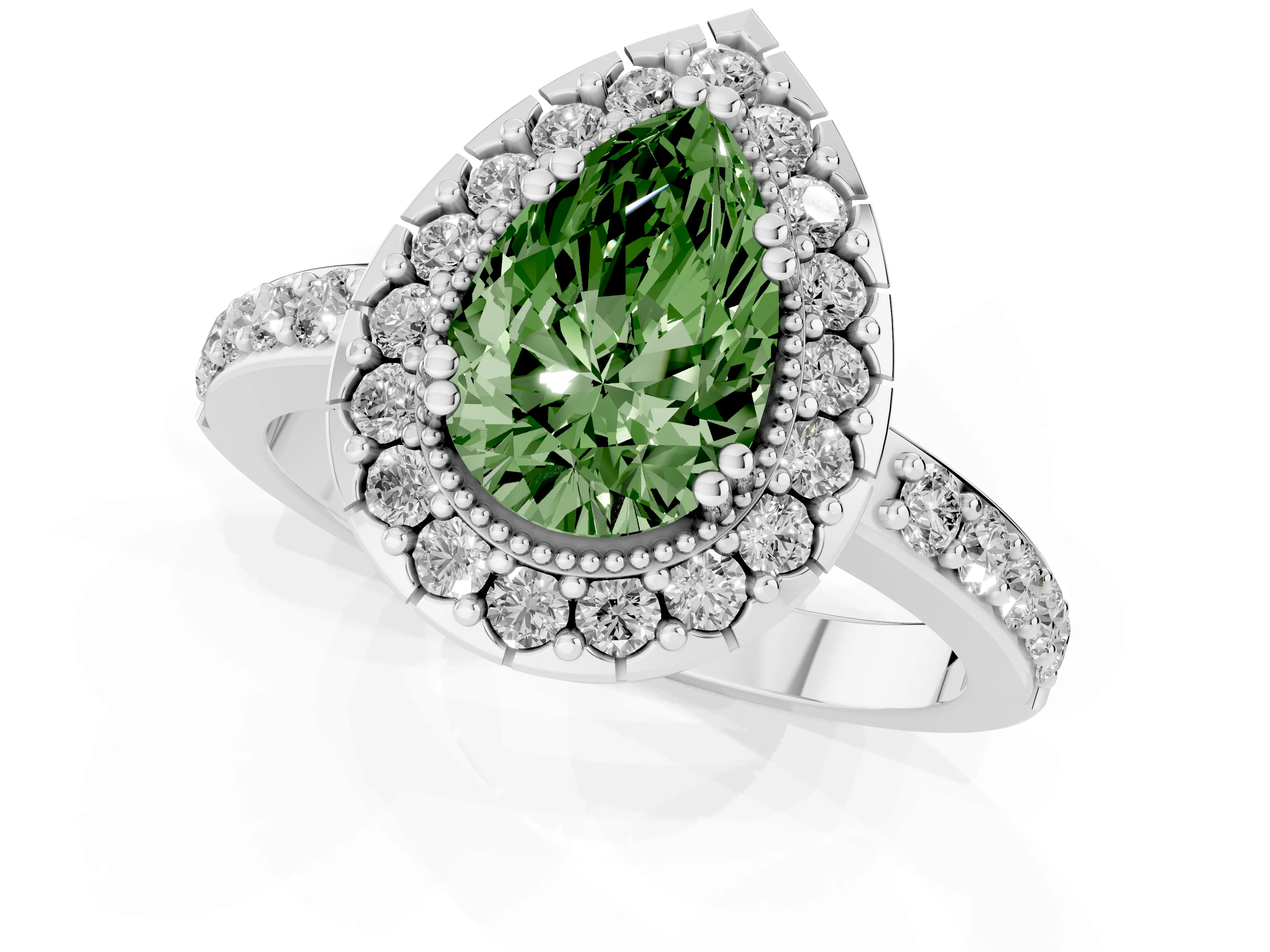 Fancy Green Pear Cut Diamond Halo Ring Set in White gold with Pavé Shank and Prong Setting