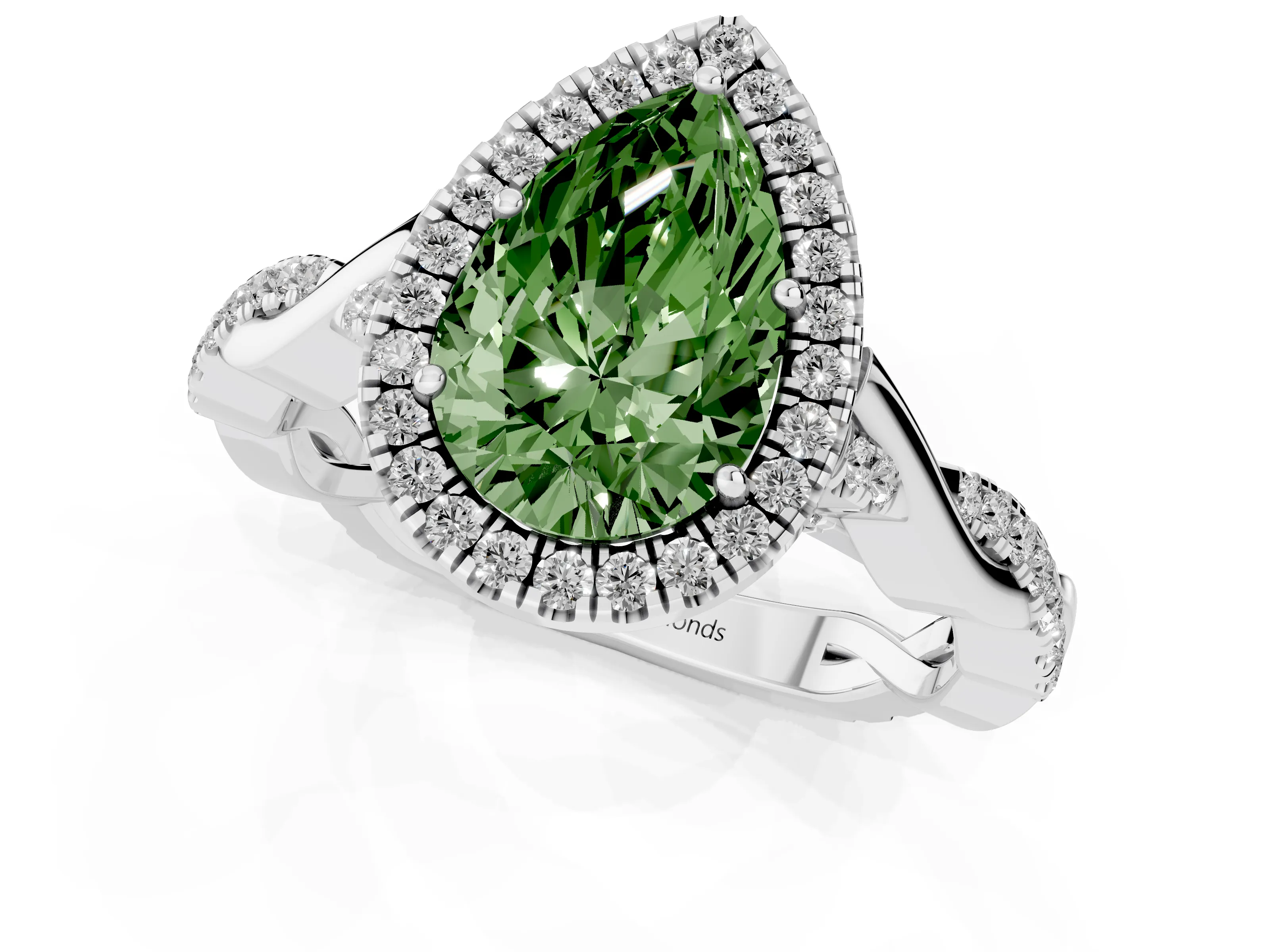 Fancy Green Pear Cut Diamond Halo Twist Band Solitaire Ring Set in White gold with Prong Setting