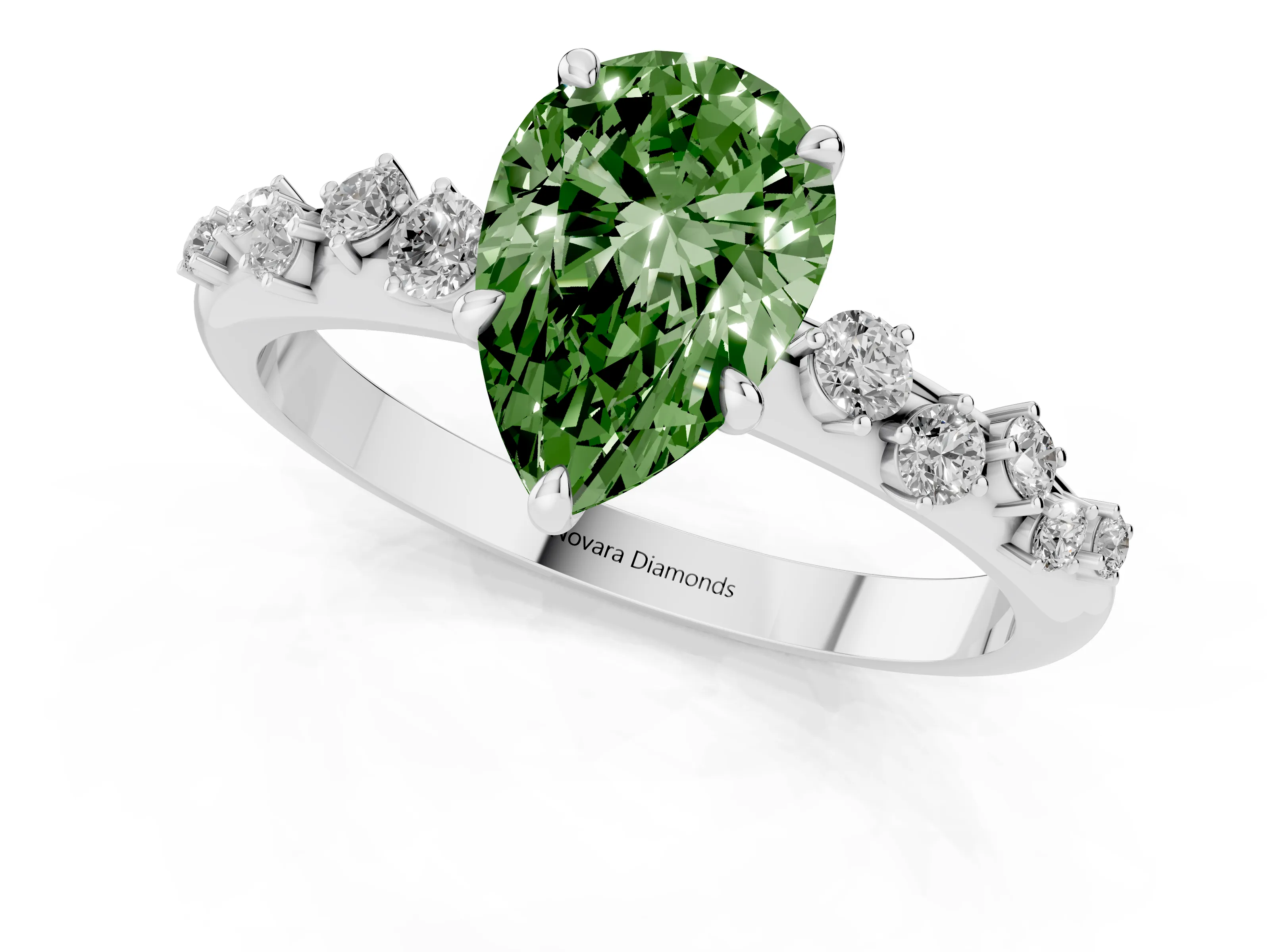 Fancy Green Pear Cut Diamond Cluster Solitaire Ring Set in Platinum with Prong Setting