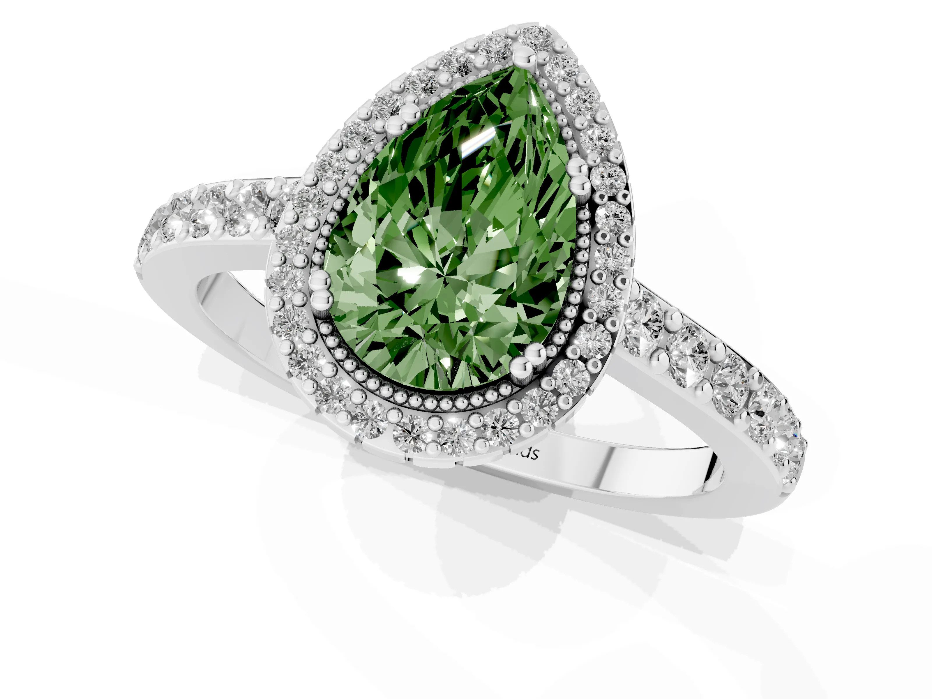 Fancy Green Pear Cut Diamond Halo Engagement Ring Set in Platinum with Milgrain Detail and Pavé Band