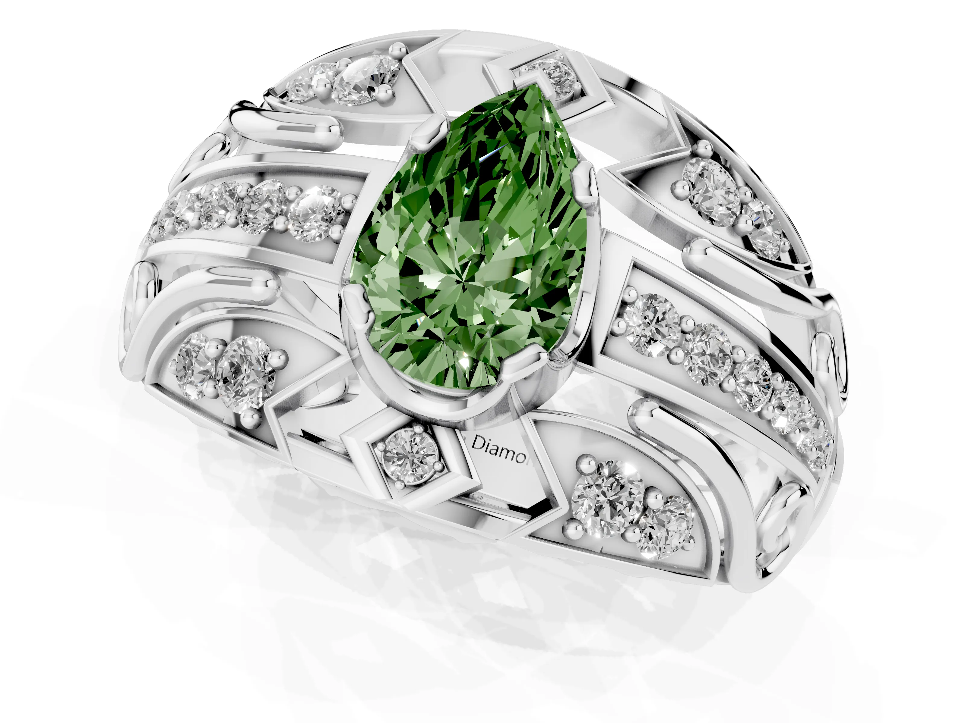 Fancy Green Pear Cut Diamond Art Deco Ring Set in Platinum with Pavé Split Shank