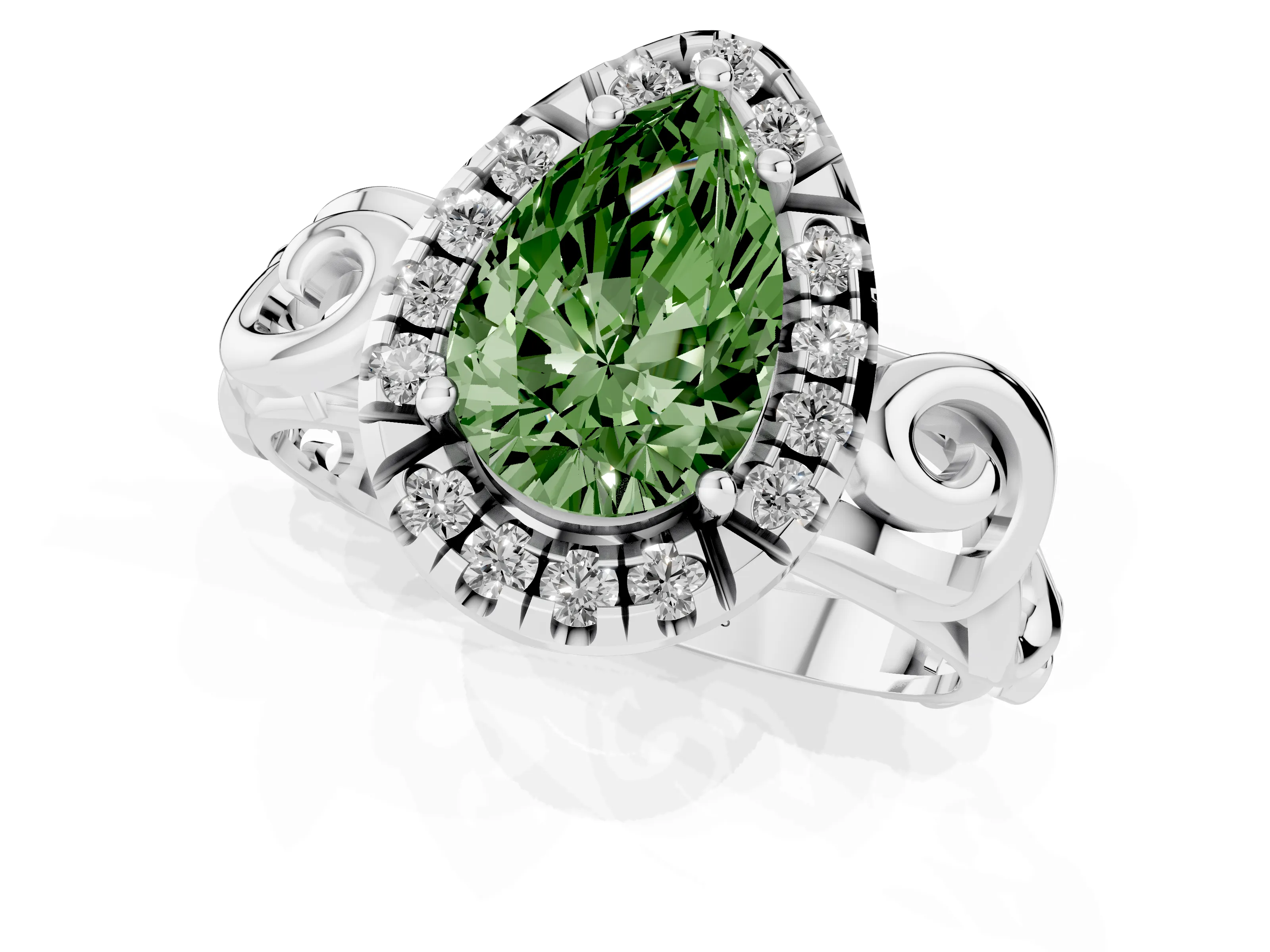 Fancy Green Pear Cut Diamond Halo Ring Set in Platinum with Scrollwork Band and Prong Setting