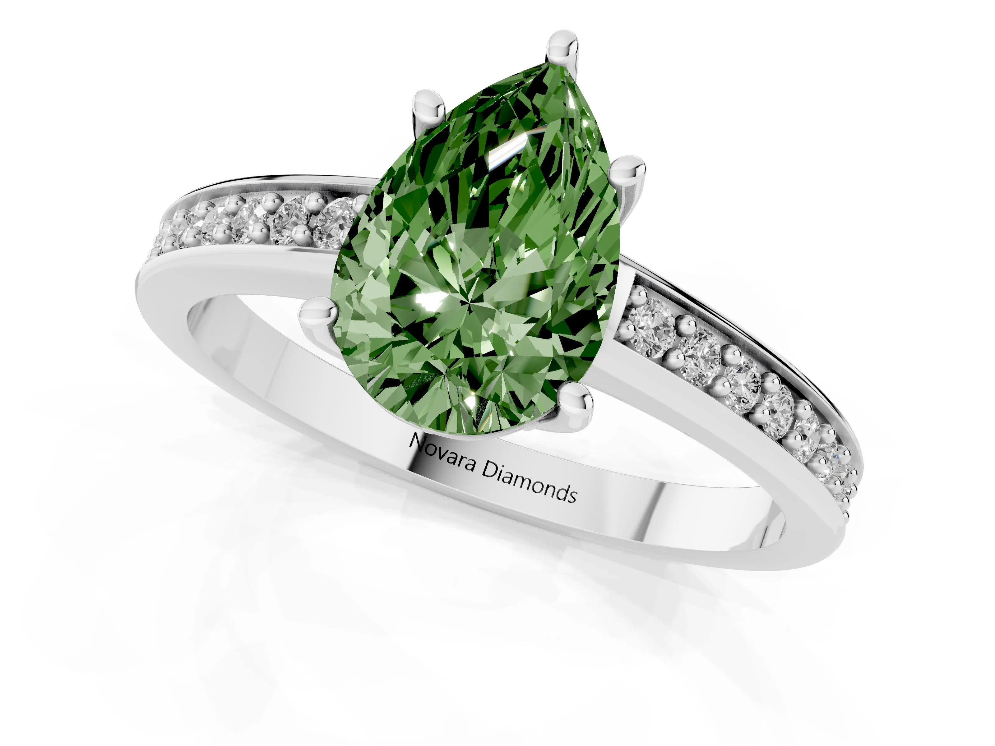 Fancy Green Pear Cut Diamond Pavé Band Prong Set Solitaire Ring Set in Platinum