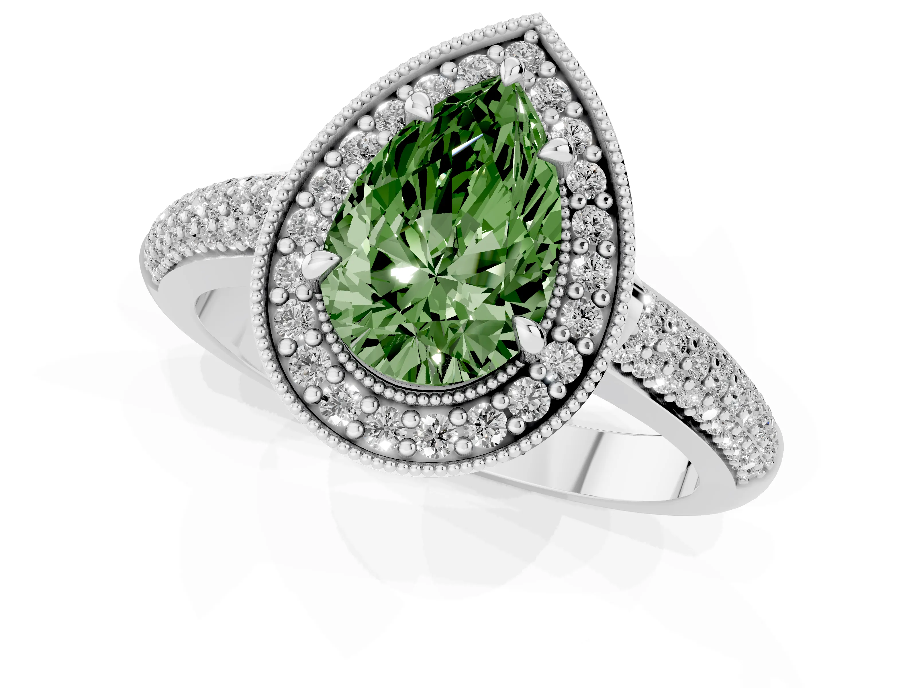 Fancy Green Pear Cut Diamond Halo Pavé Band Set in Platinum with Prong Setting