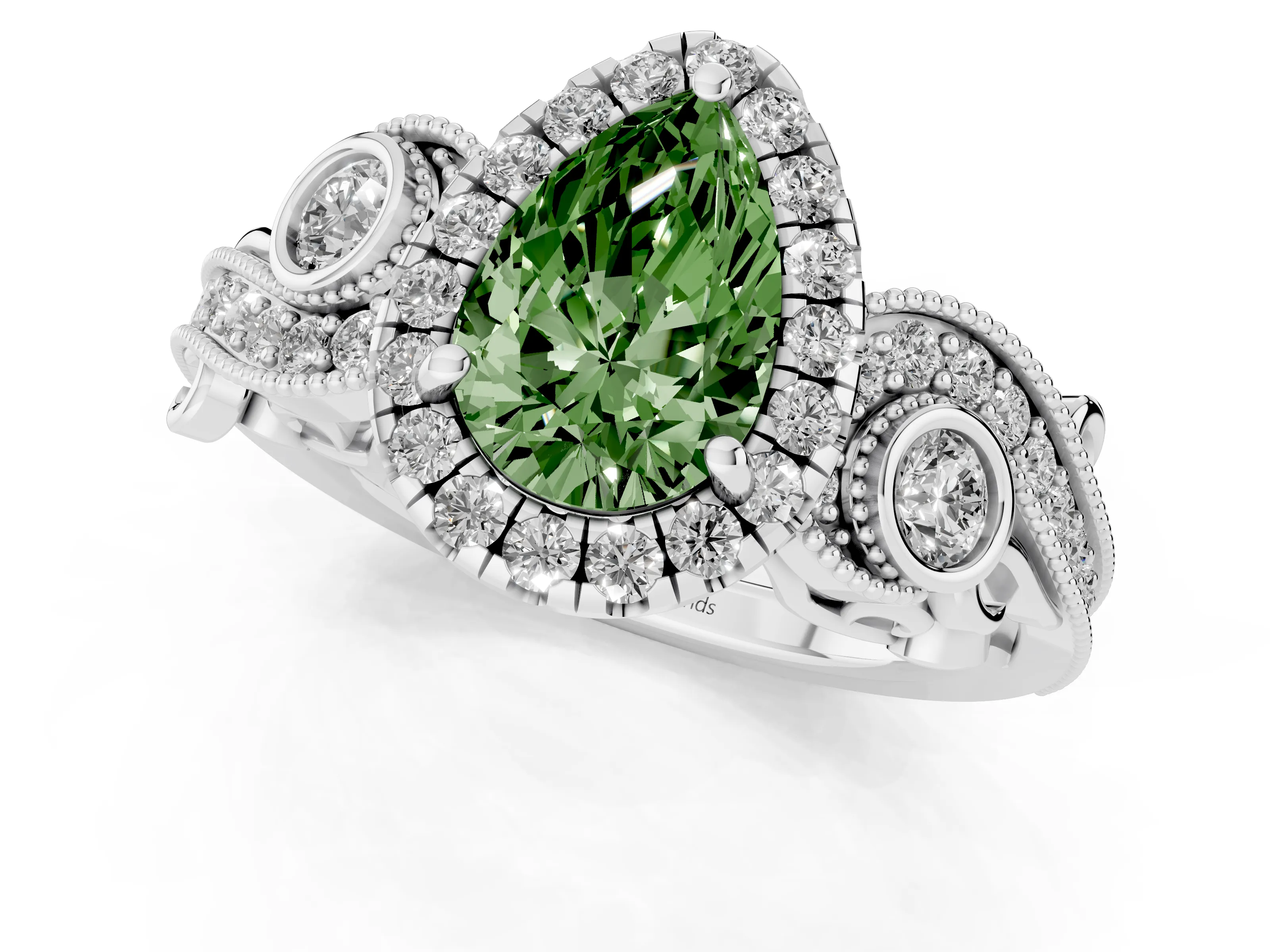 Fancy Green Pear Cut Diamond Halo Ring Set in Platinum with Milgrain Pavé Band and Prong Setting – second view