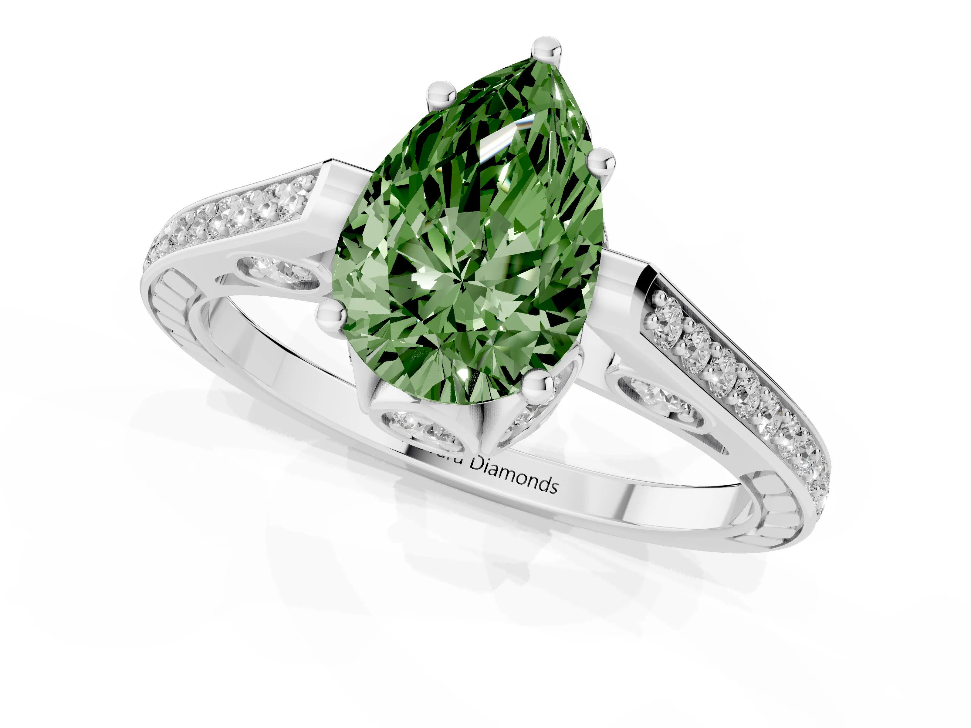 Fancy Green Pear Cut Diamond Cathedral Pavé Engagement Ring Set in White gold with Prong Setting