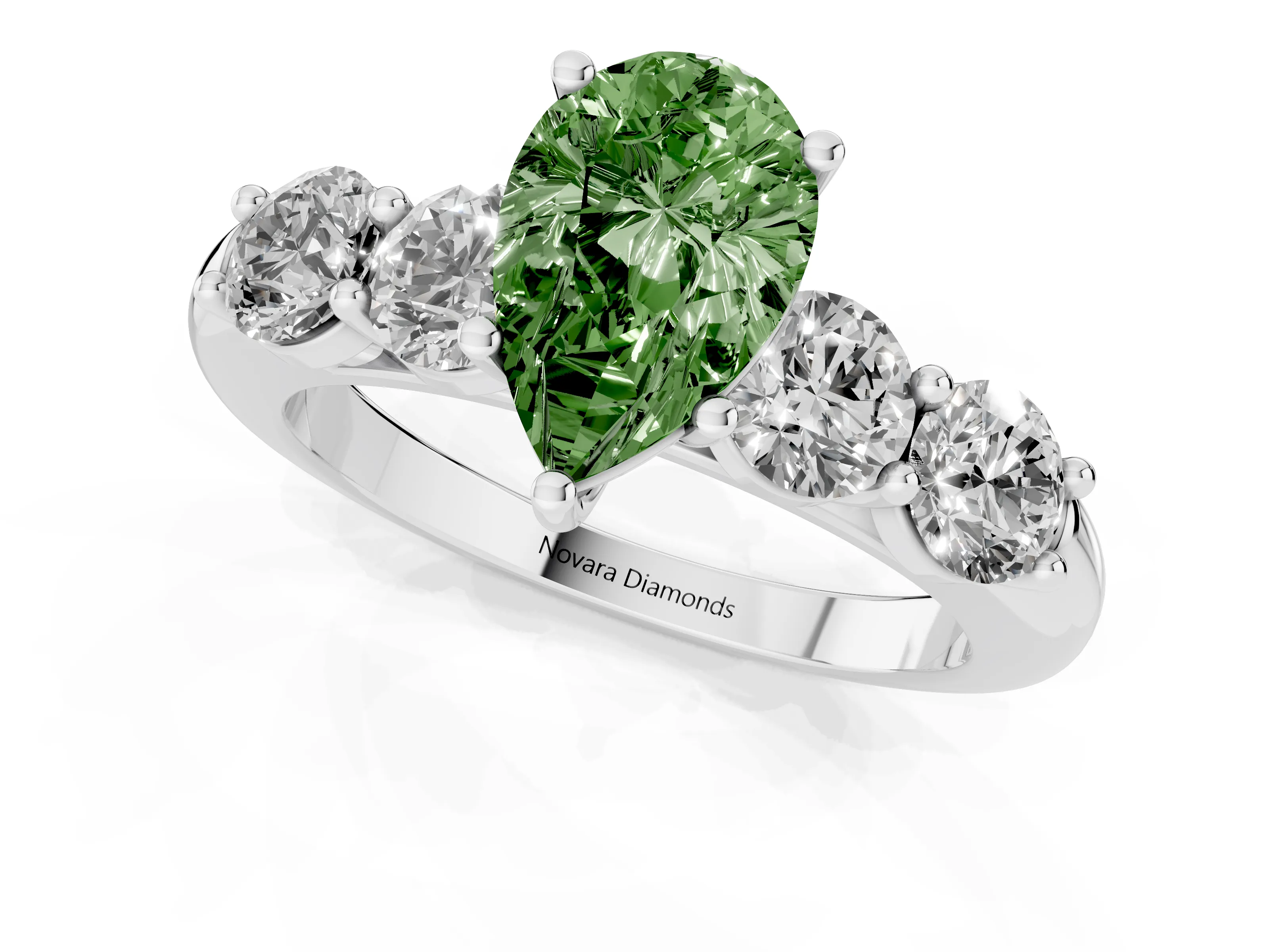 Fancy Green Pear Cut Diamond Five-Stone Prong Set Ring Set in White gold with Classic Band