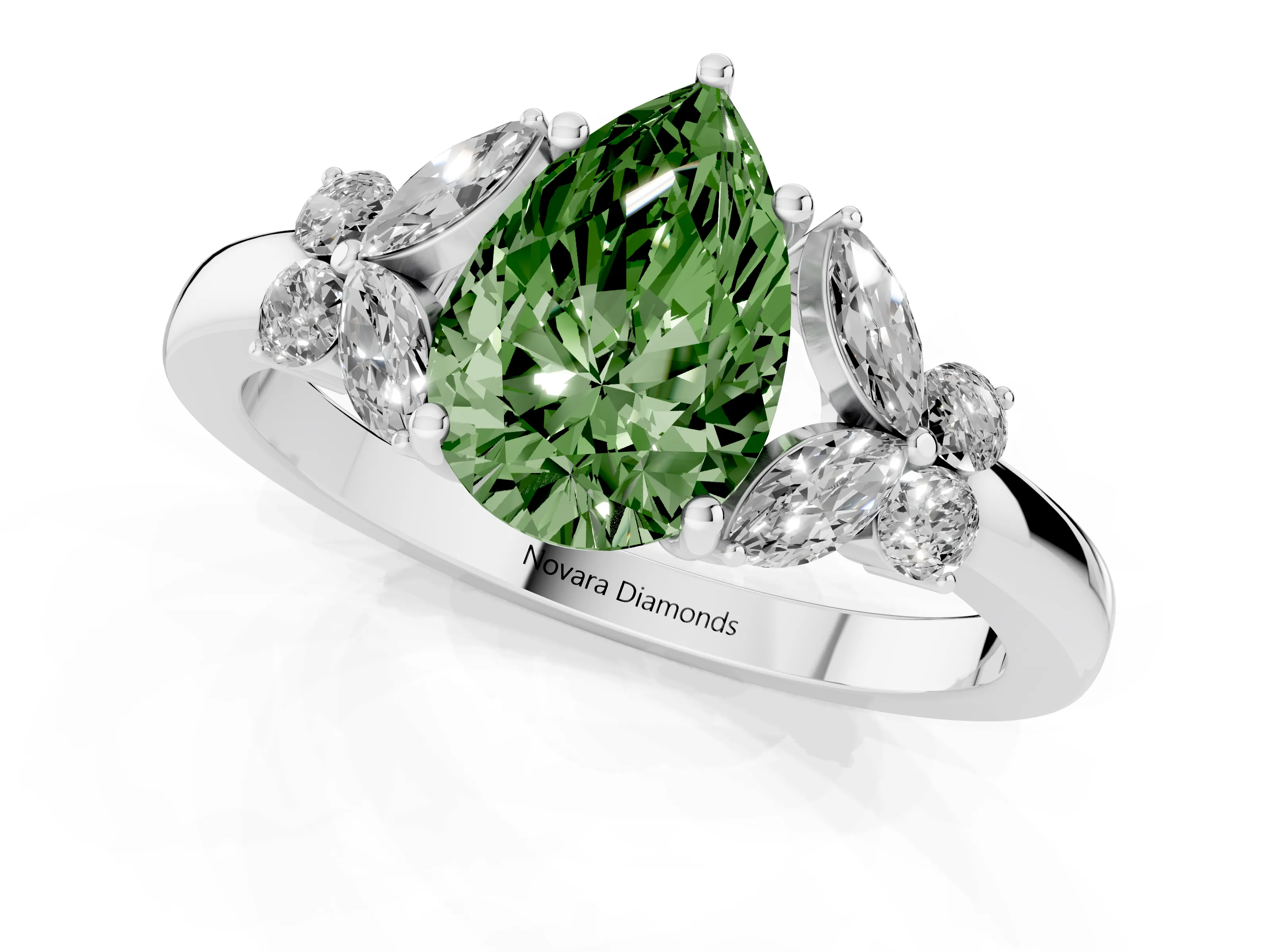 Fancy Green Pear Cut Diamond Solitaire Floral Ring Set in Silver with Marquise Petals and Prong Setting