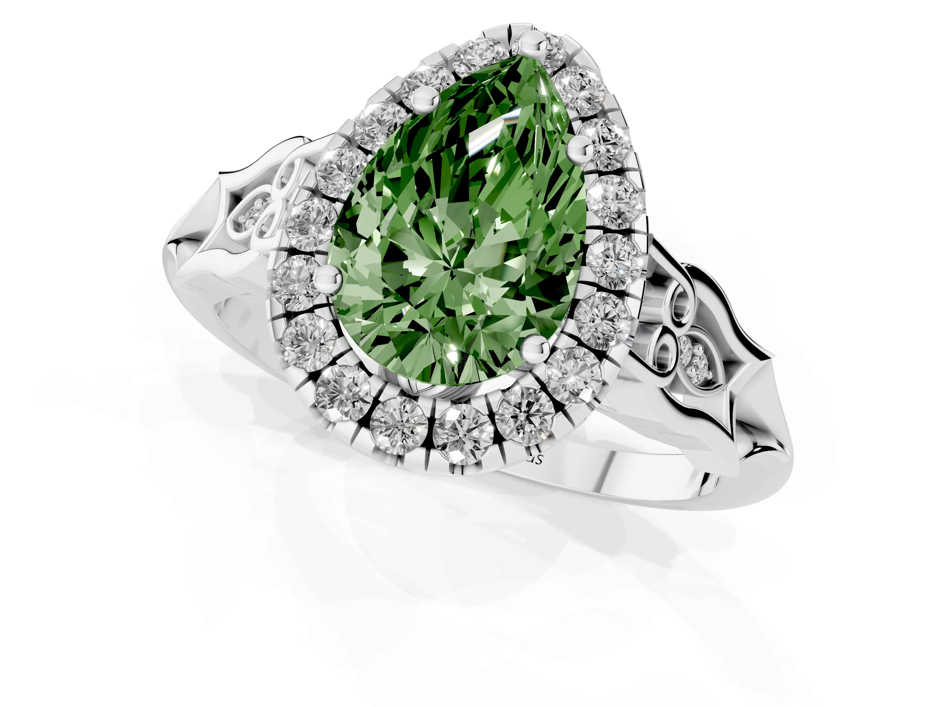 Fancy Green Pear Cut Diamond Halo Engagement Ring Set in Platinum with Filigree Band and Prong-Set Center – second view