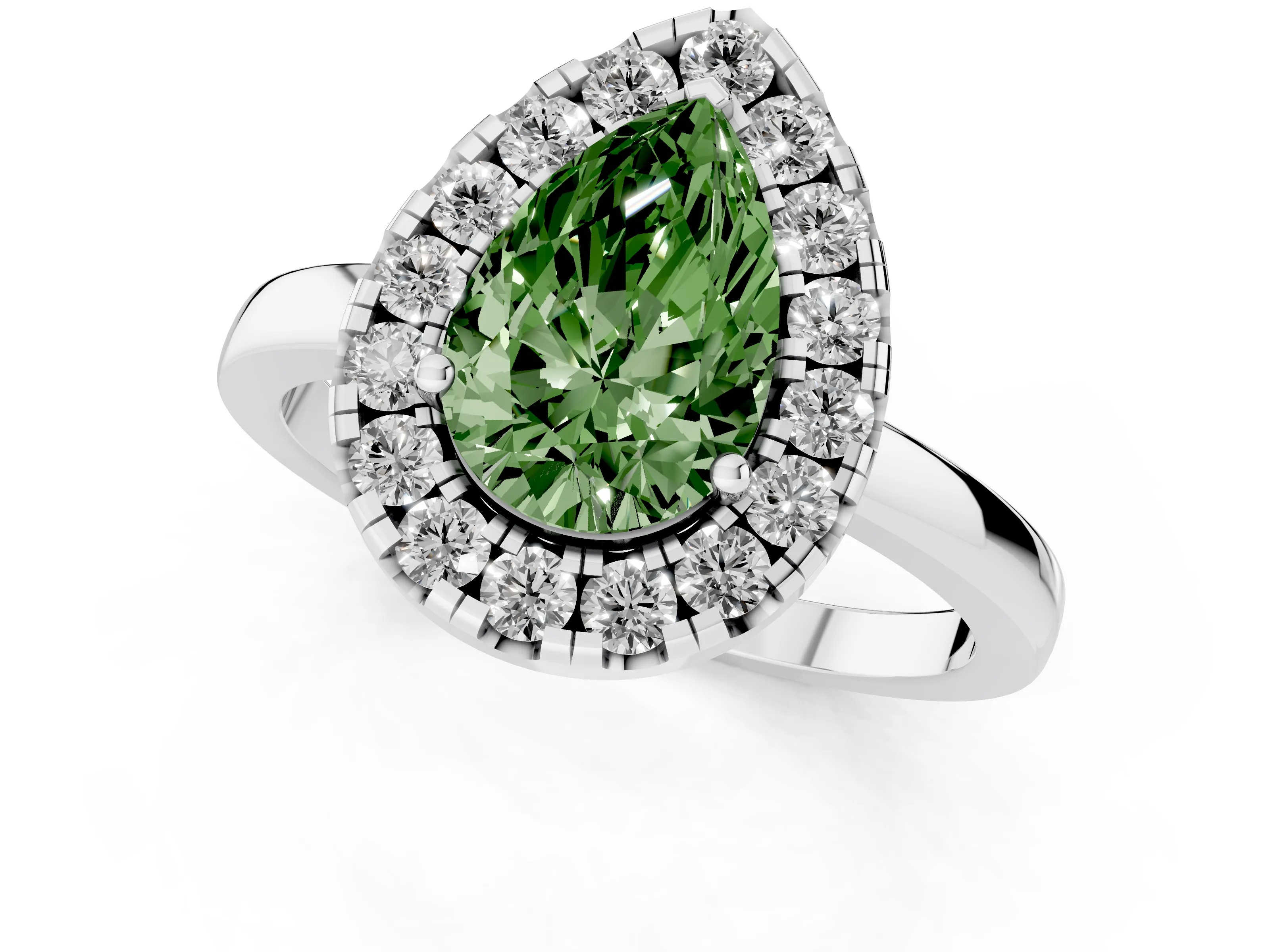 Fancy Green Pear Cut Diamond Halo Solitaire Ring Set in Silver with Pavé Band and Prong Setting