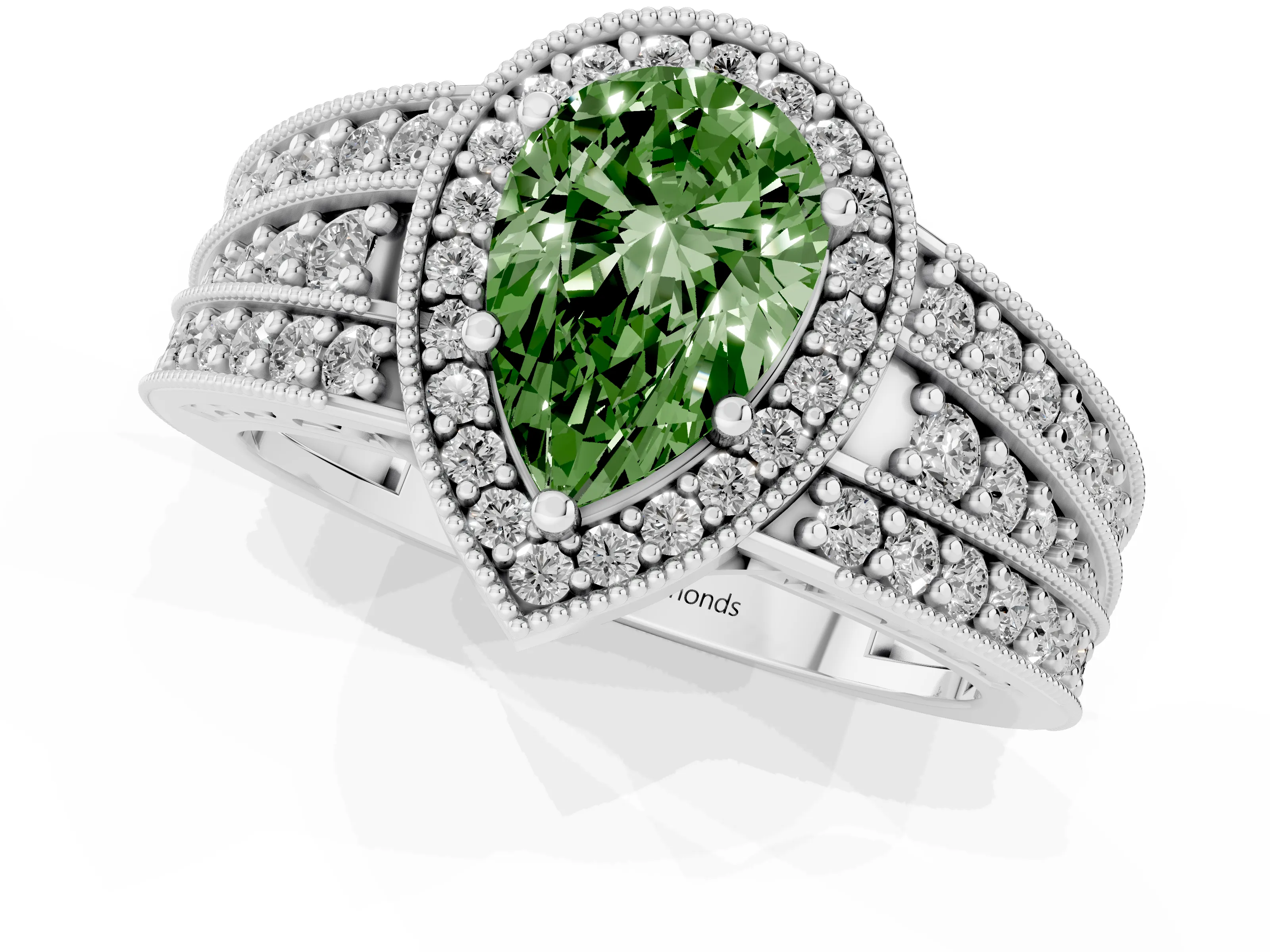 Fancy Green Pear Cut Diamond Halo Ring Set in Silver with Accent Split Shank and Prong Setting