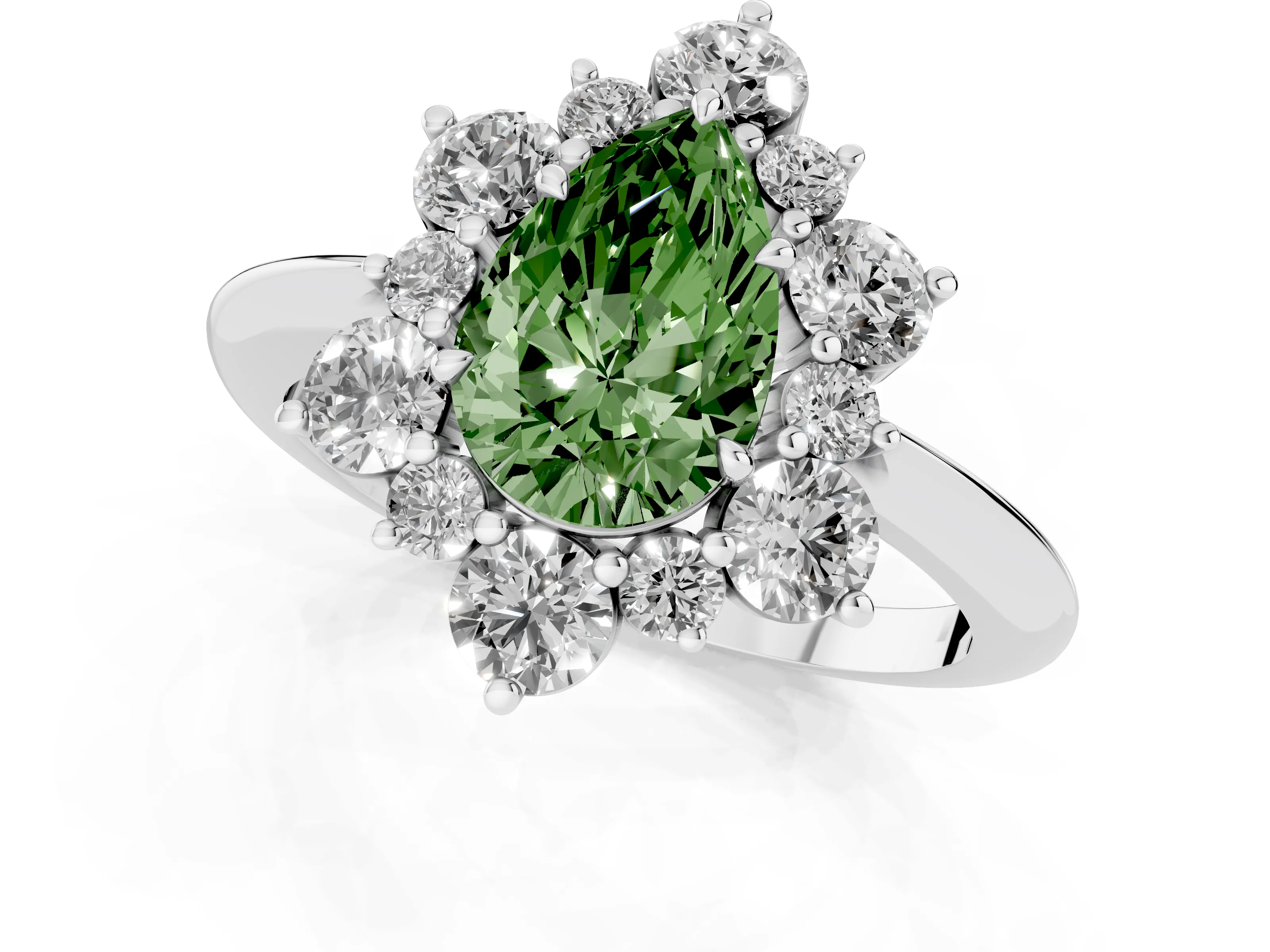 Fancy Green Pear Cut Diamond Cluster Halo Ring Set in Platinum with Solitaire Band and Prong Setting – second view