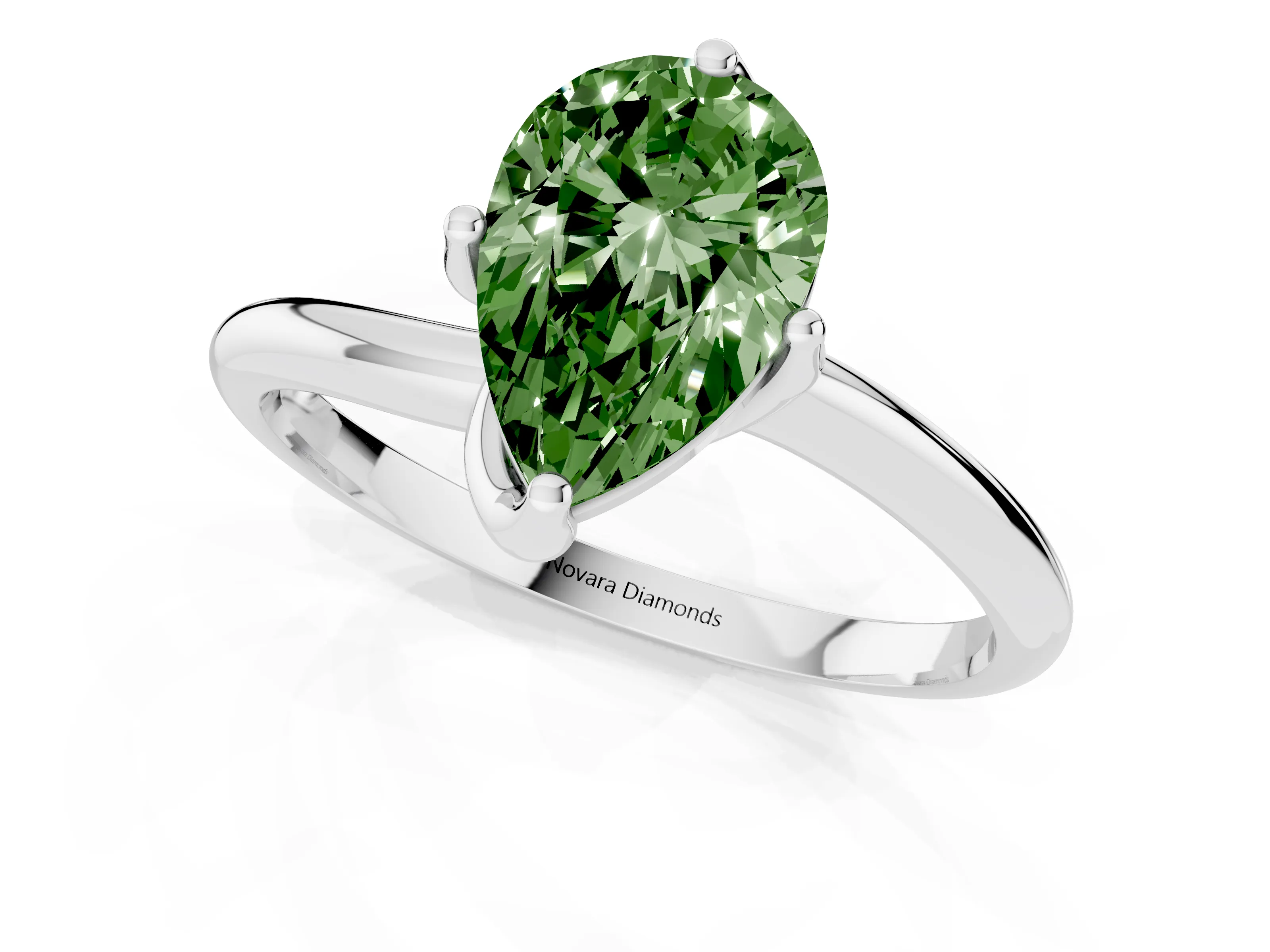 Fancy Green Pear Cut Diamond Solitaire Engagement Ring Set in Platinum with Classic Plain Band
