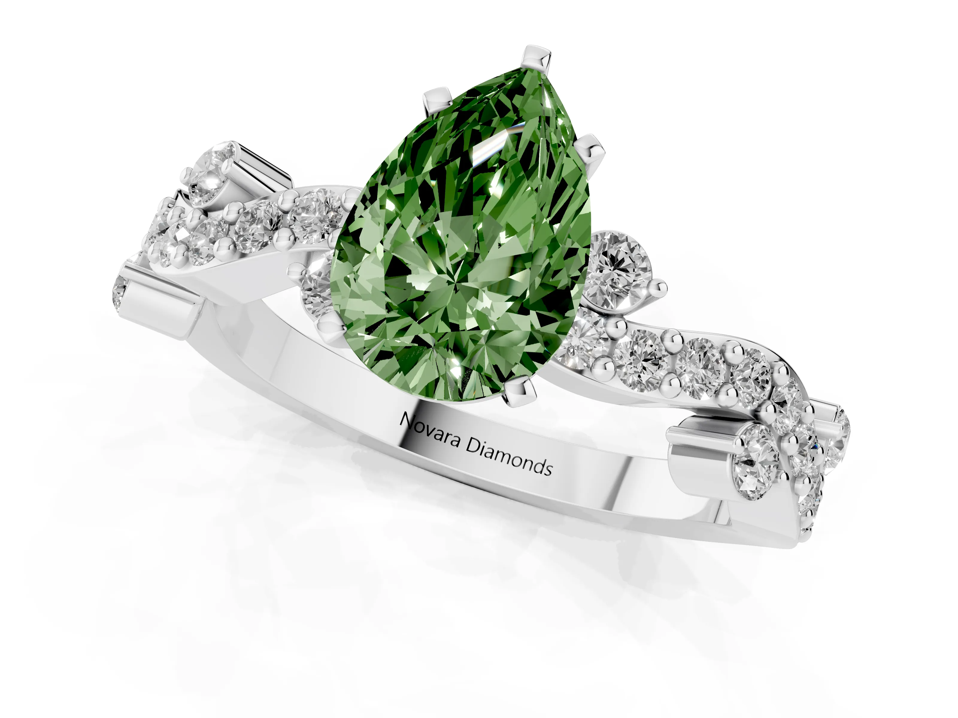 Fancy Green Pear Cut Diamond Solitaire Twisted Band Set in White gold with Pavé Setting