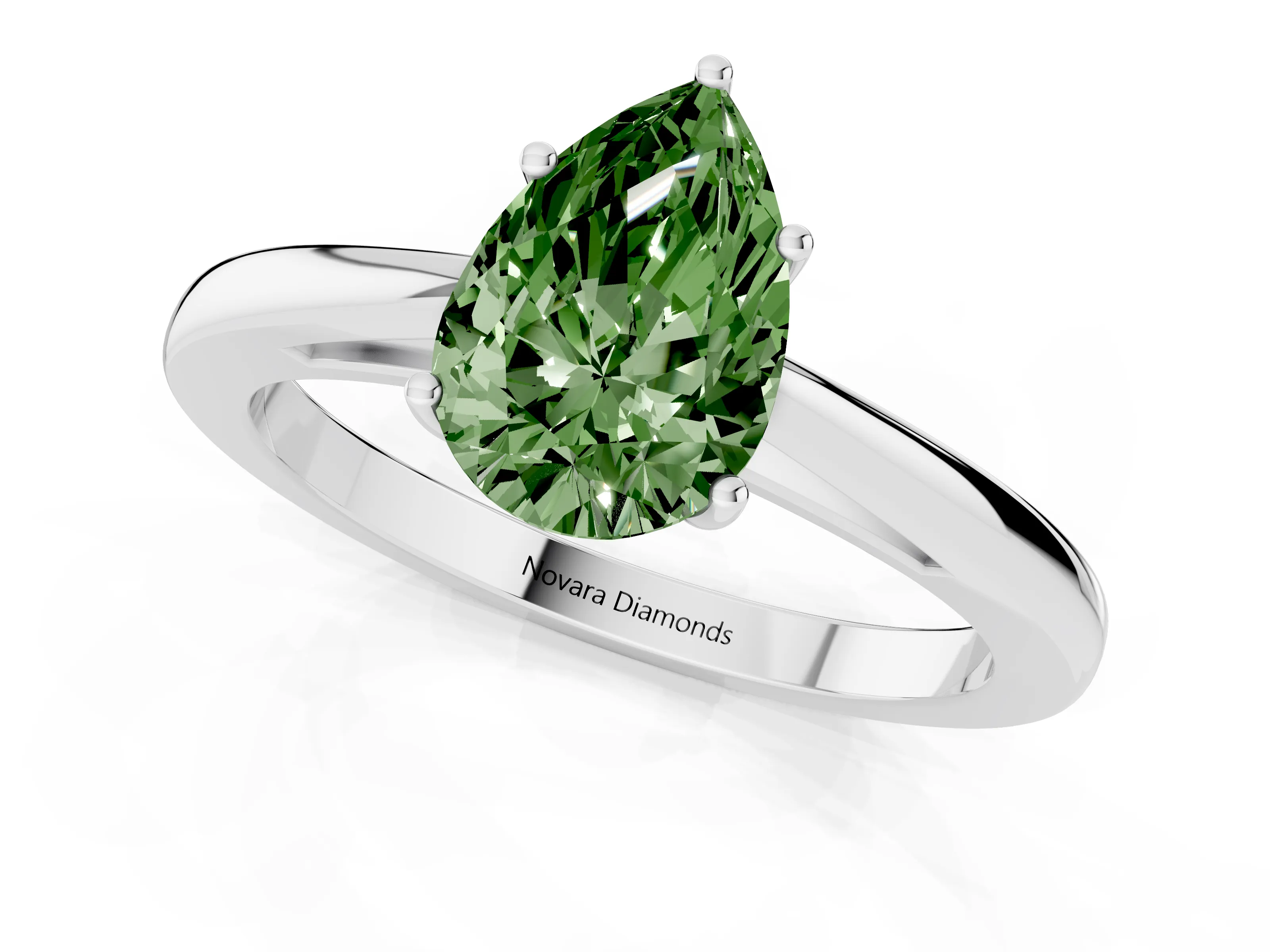 Fancy Green Pear Cut Diamond Solitaire Ring Set in Silver with Split Shank and Prong Setting