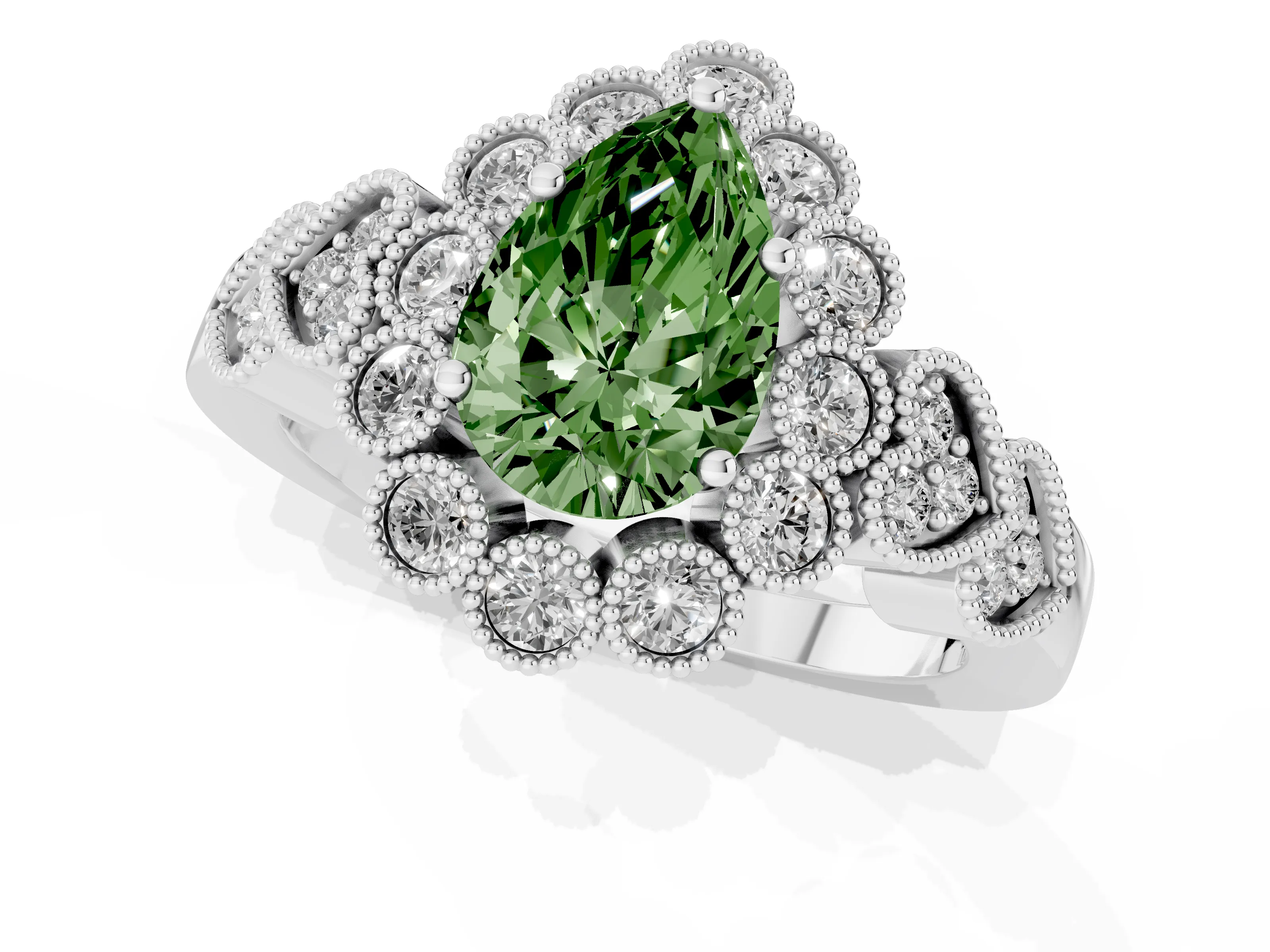 Fancy Green Pear Cut Diamond Solitaire Ring Set in White gold with Milgrain Pavé Heart Band